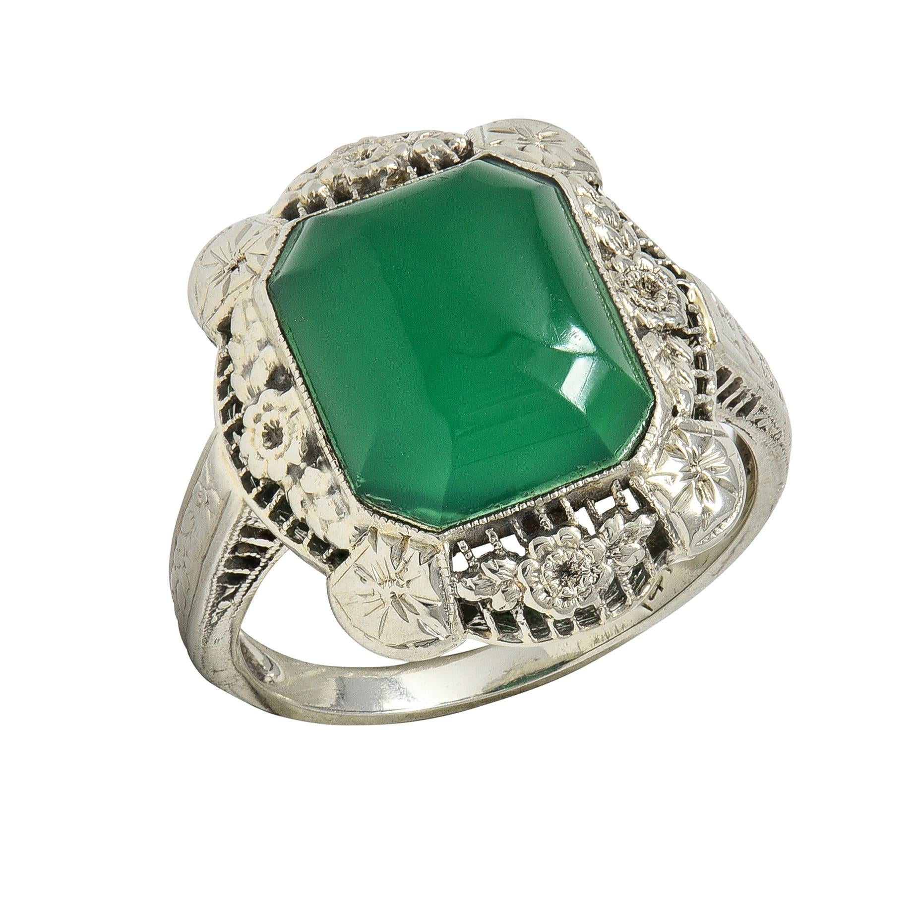 Art Deco Chrysoprase 14 Karat White Gold Vintage Orange Blossom Dinner Ring