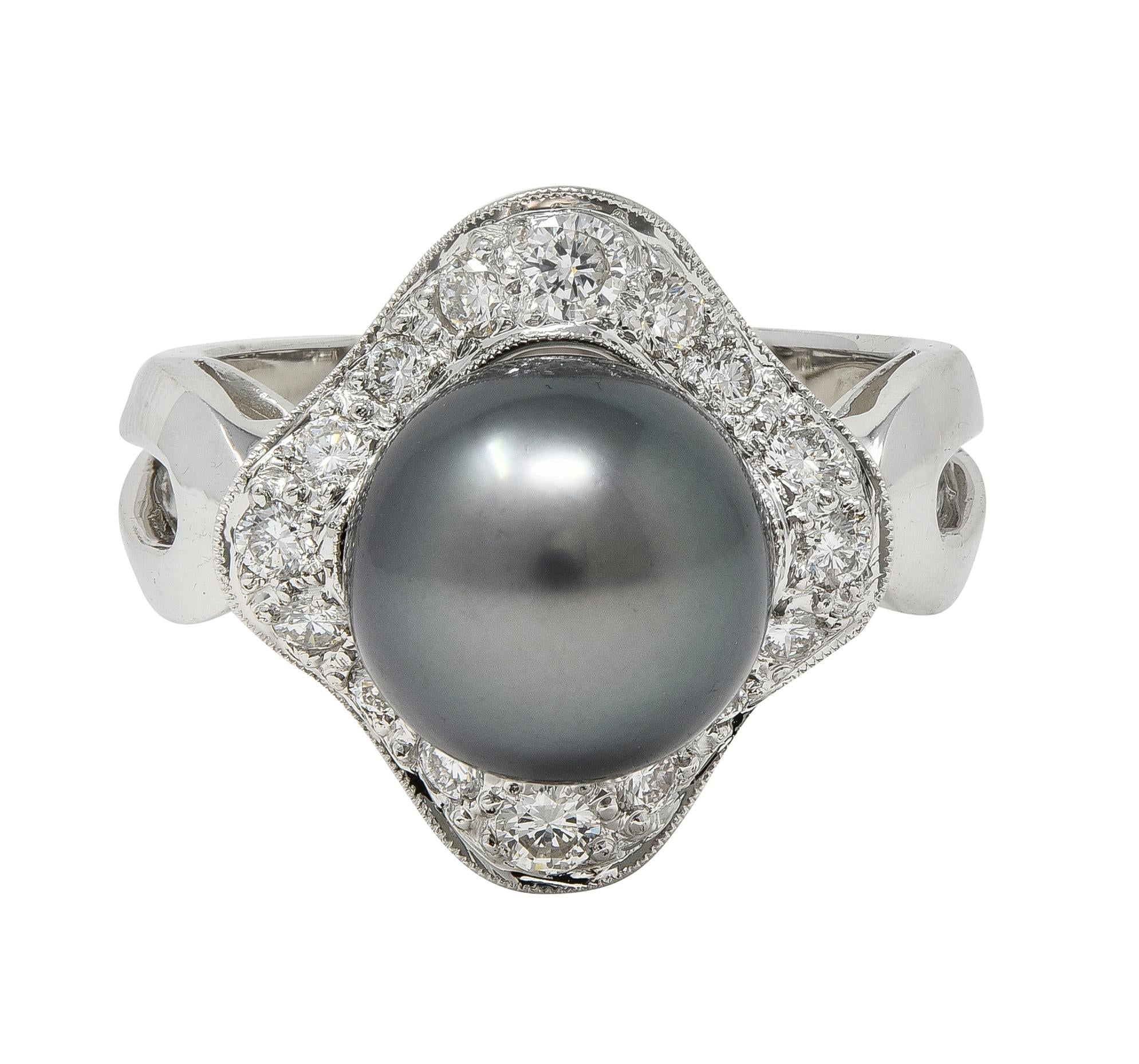 Contemporary Diamond Black Tahitian Pearl 18 Karat White Gold Halo Ring