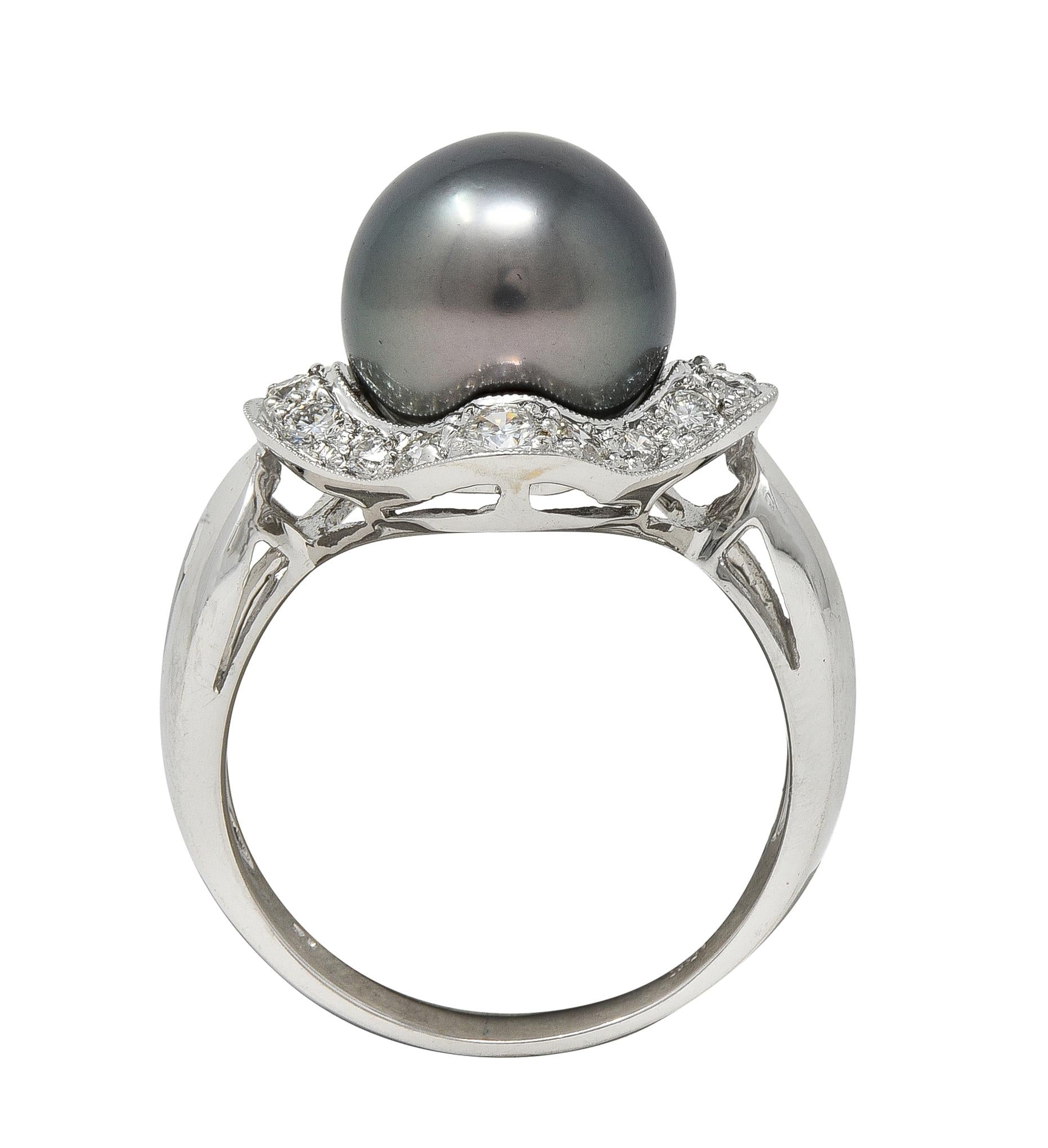 Contemporary Diamond Black Tahitian Pearl 18 Karat White Gold Halo Ring