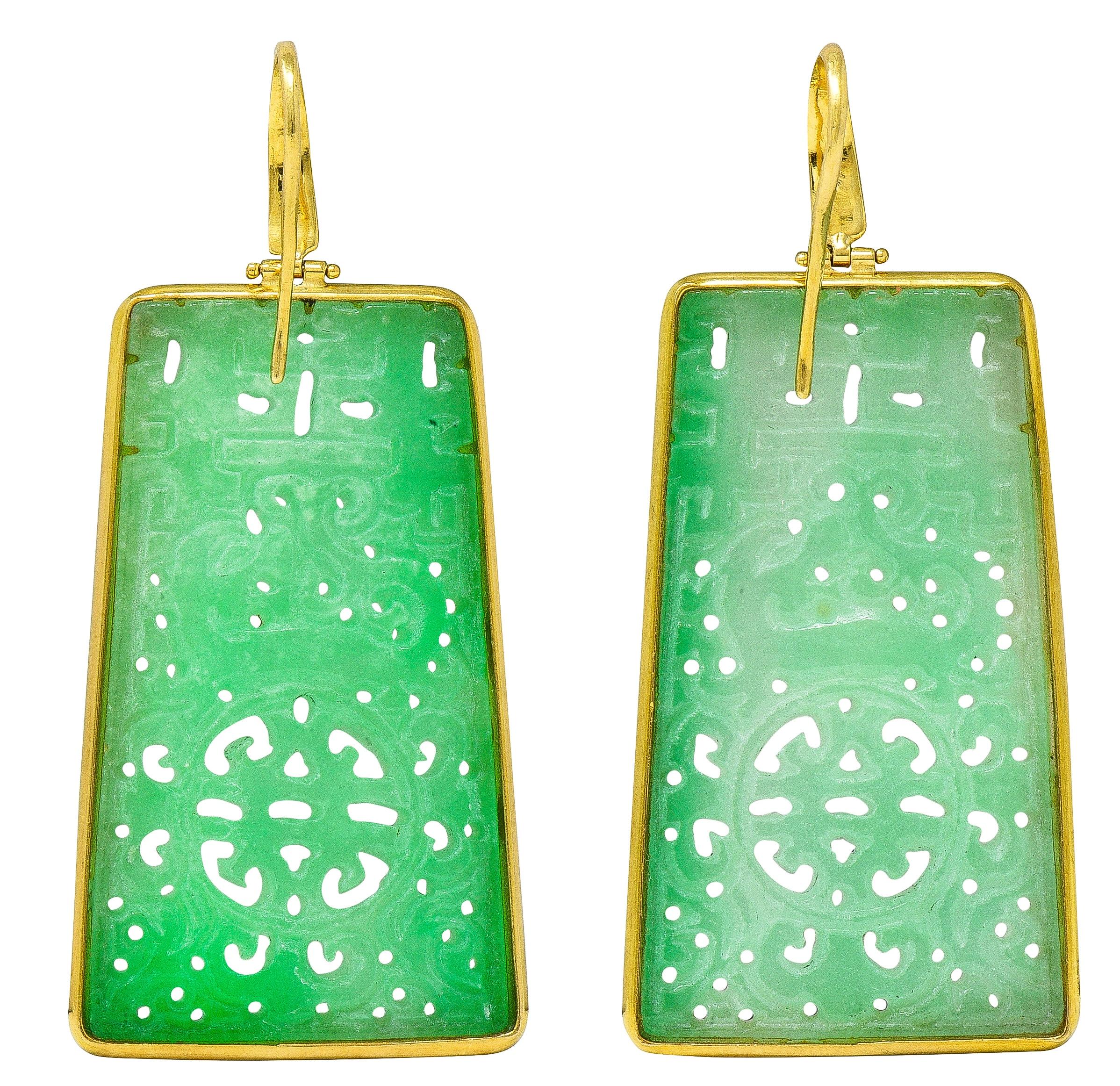1960's Jade 18 Karat Yellow Gold Vintage Carved Shou Drop Earrings