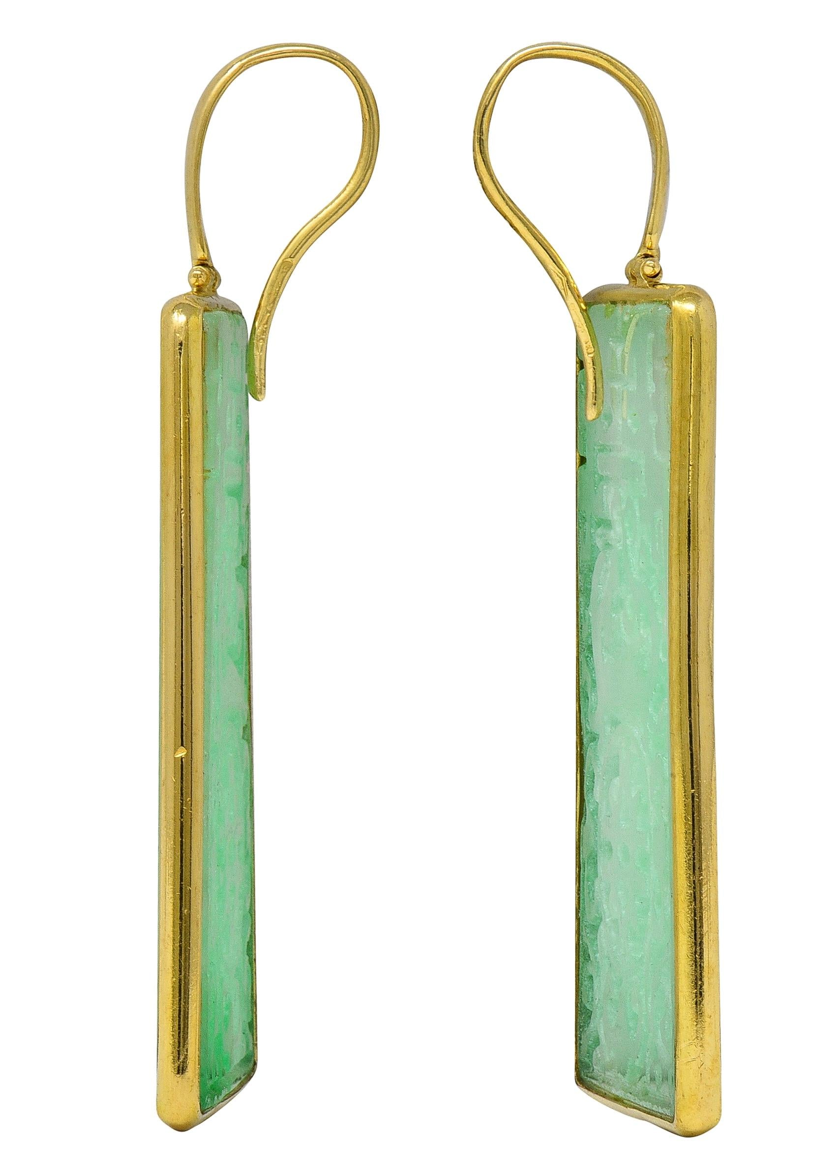 1960's Jade 18 Karat Yellow Gold Vintage Carved Shou Drop Earrings