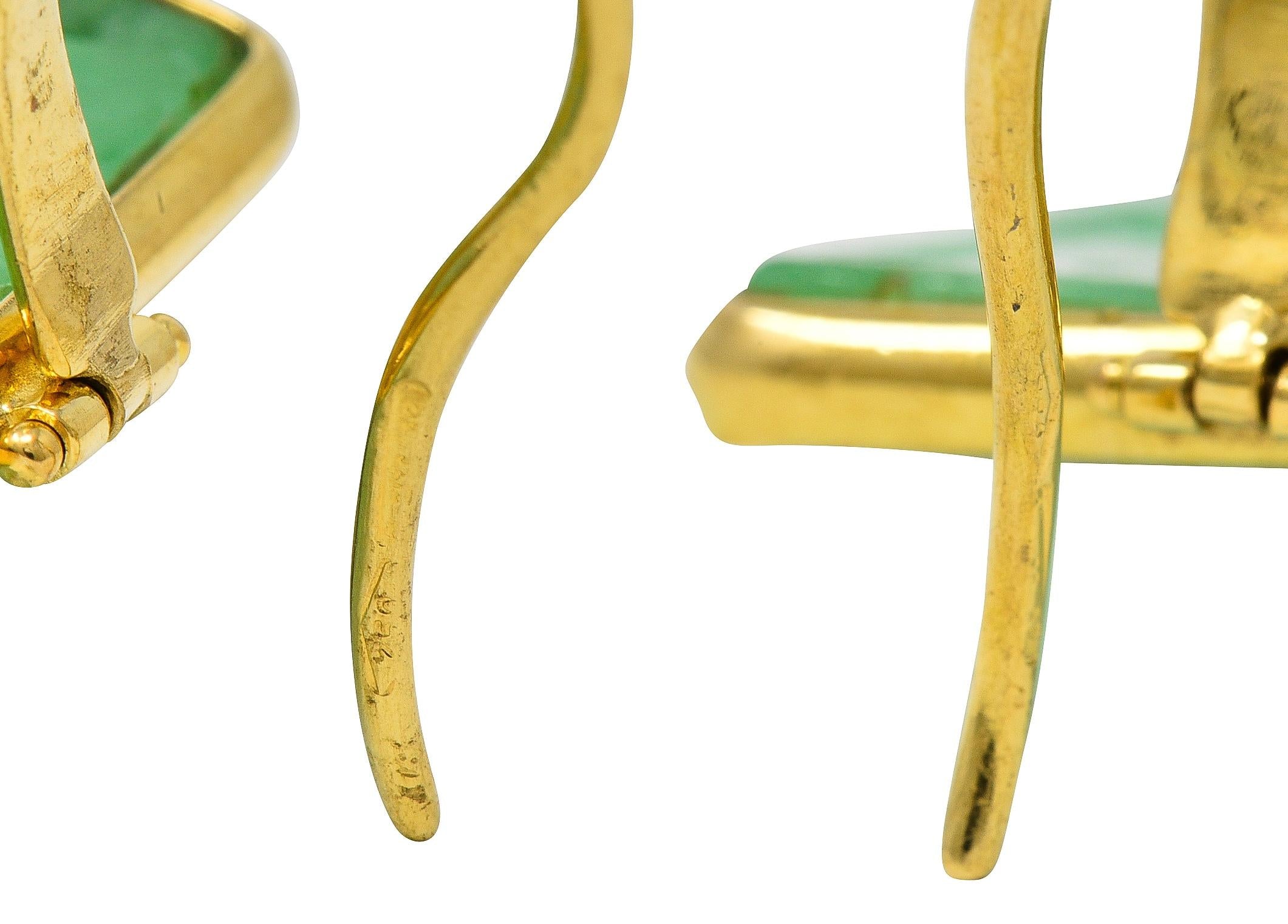 1960's Jade 18 Karat Yellow Gold Vintage Carved Shou Drop Earrings