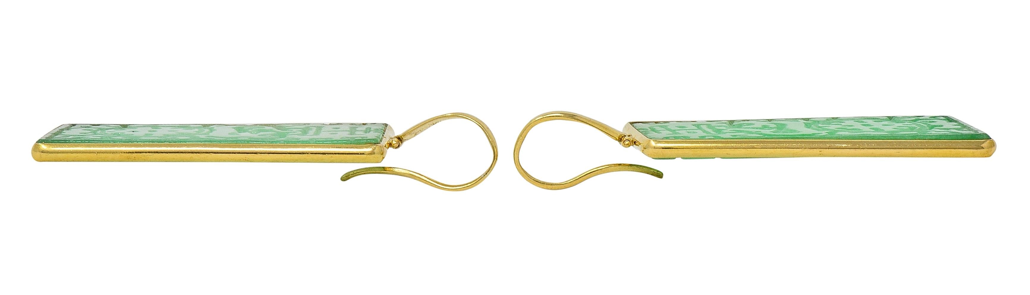 1960's Jade 18 Karat Yellow Gold Vintage Carved Shou Drop Earrings