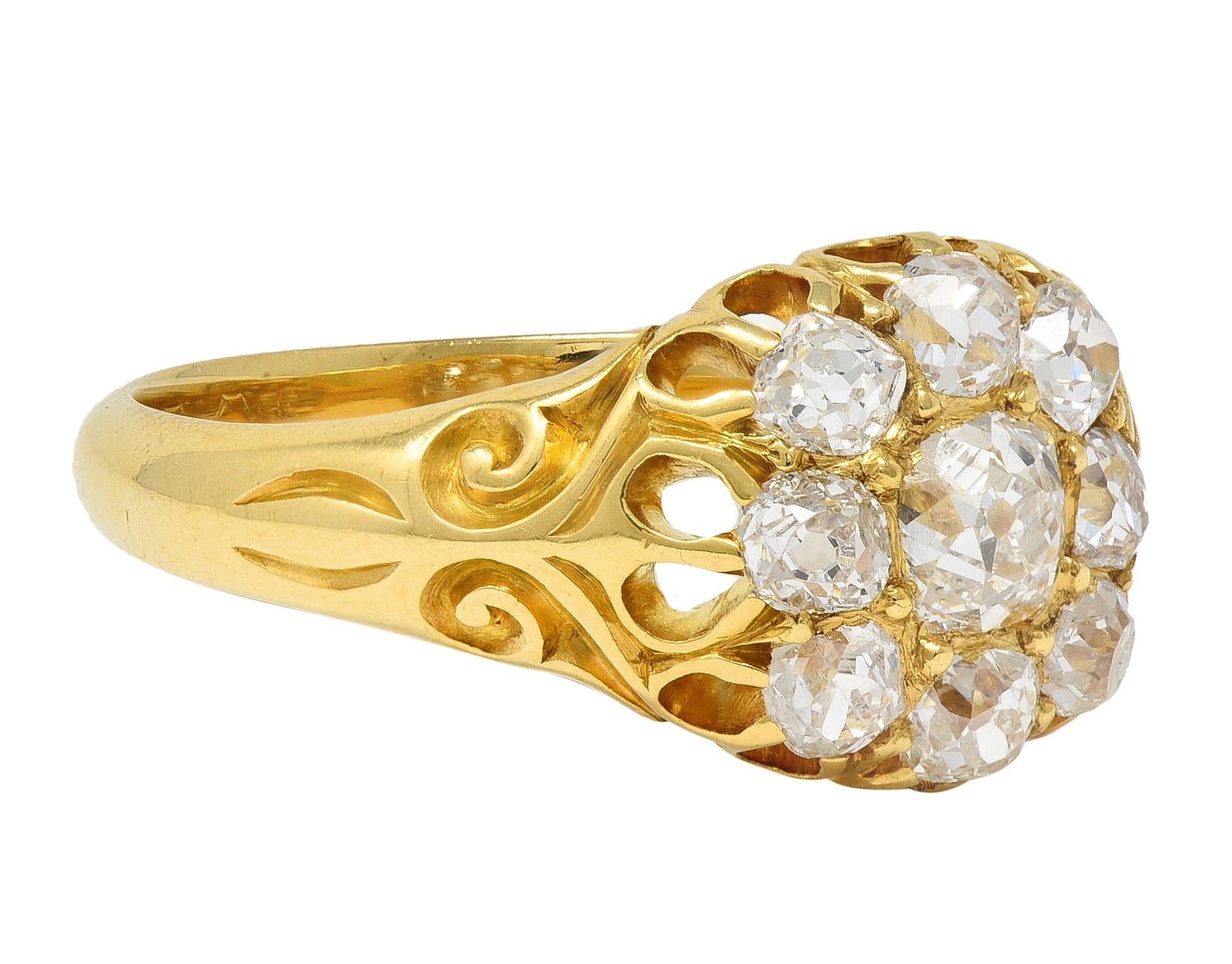Victorian 1.26 CTW Old Mine Cut Diamond 18K Yellow Gold Antique Cluster Ring