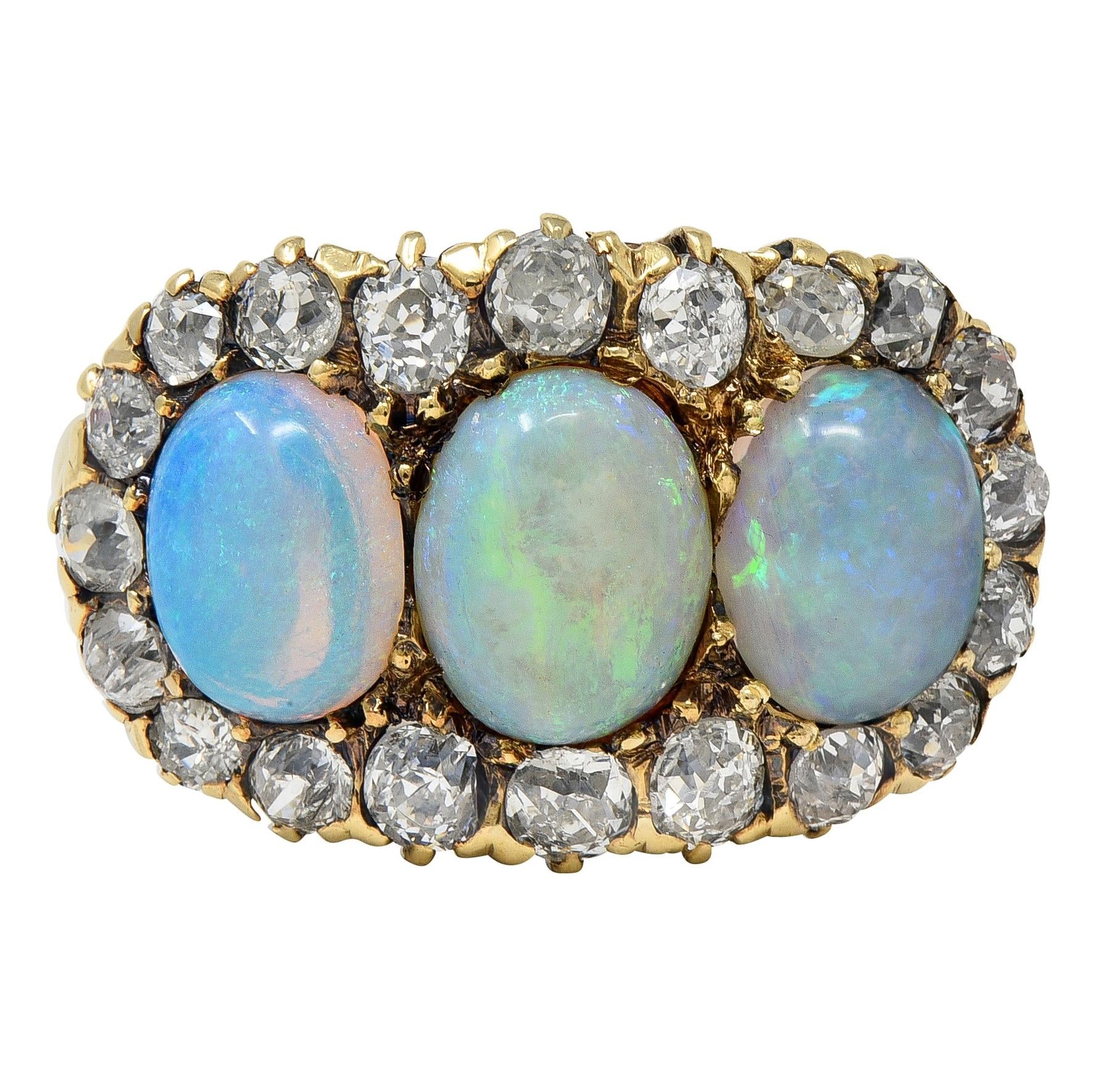 Victorian Opal Diamond 14 Karat Yellow Gold Antique Opal Cluster Ring