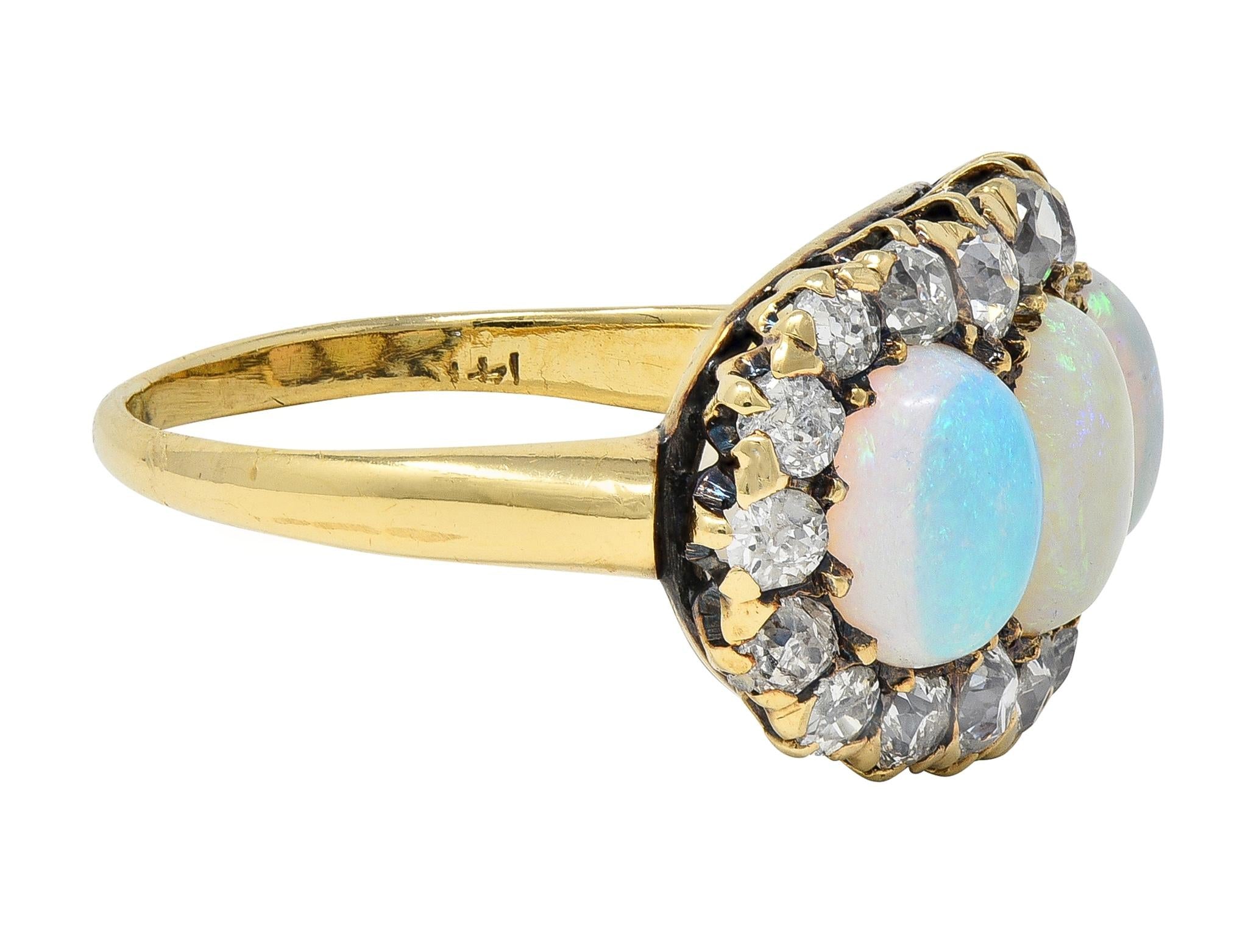 Victorian Opal Diamond 14 Karat Yellow Gold Antique Opal Cluster Ring