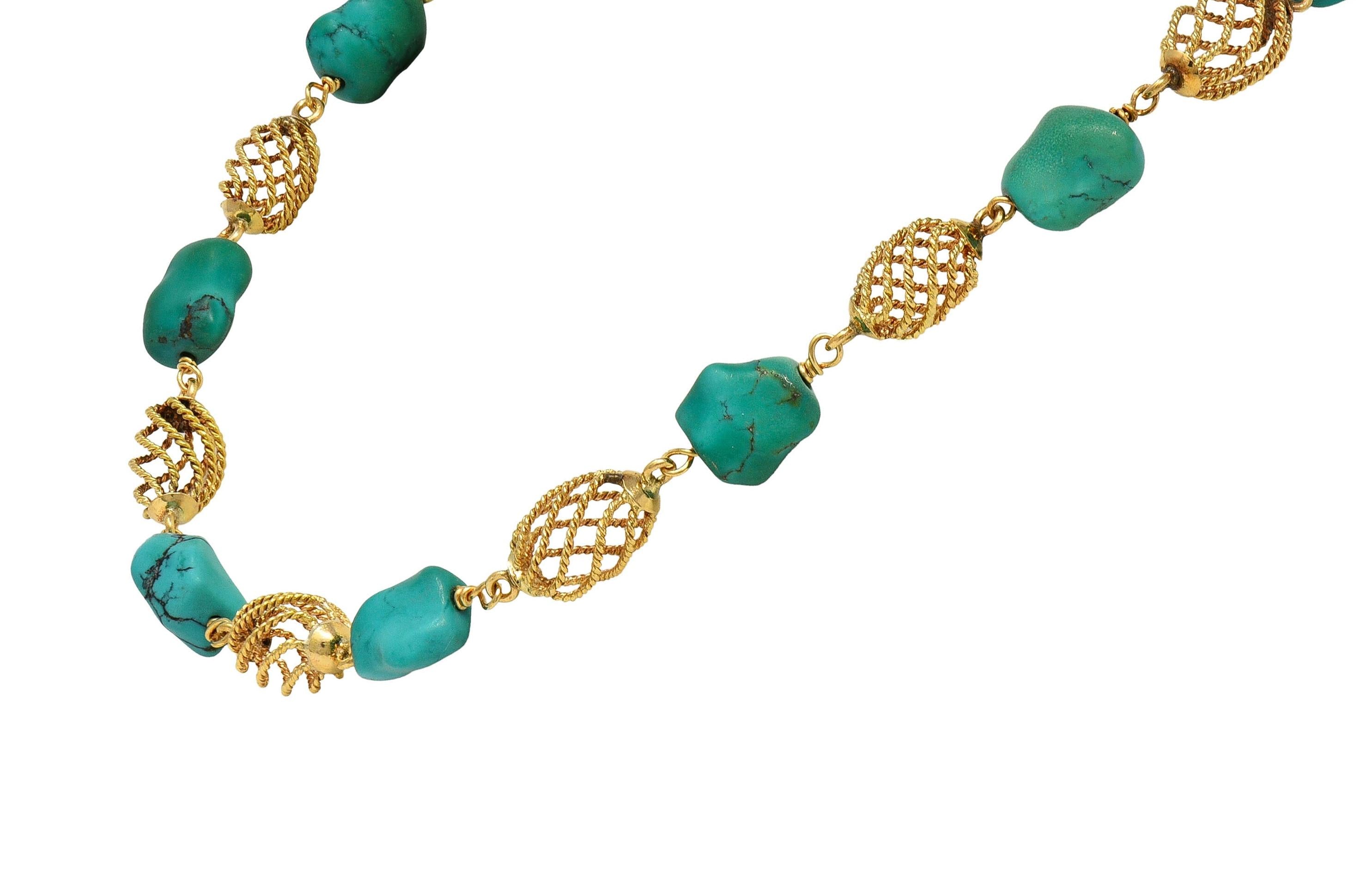 1960's Turquoise Nugget 18 Karat Yellow Gold Spiral Bead Vintage Collar Necklace