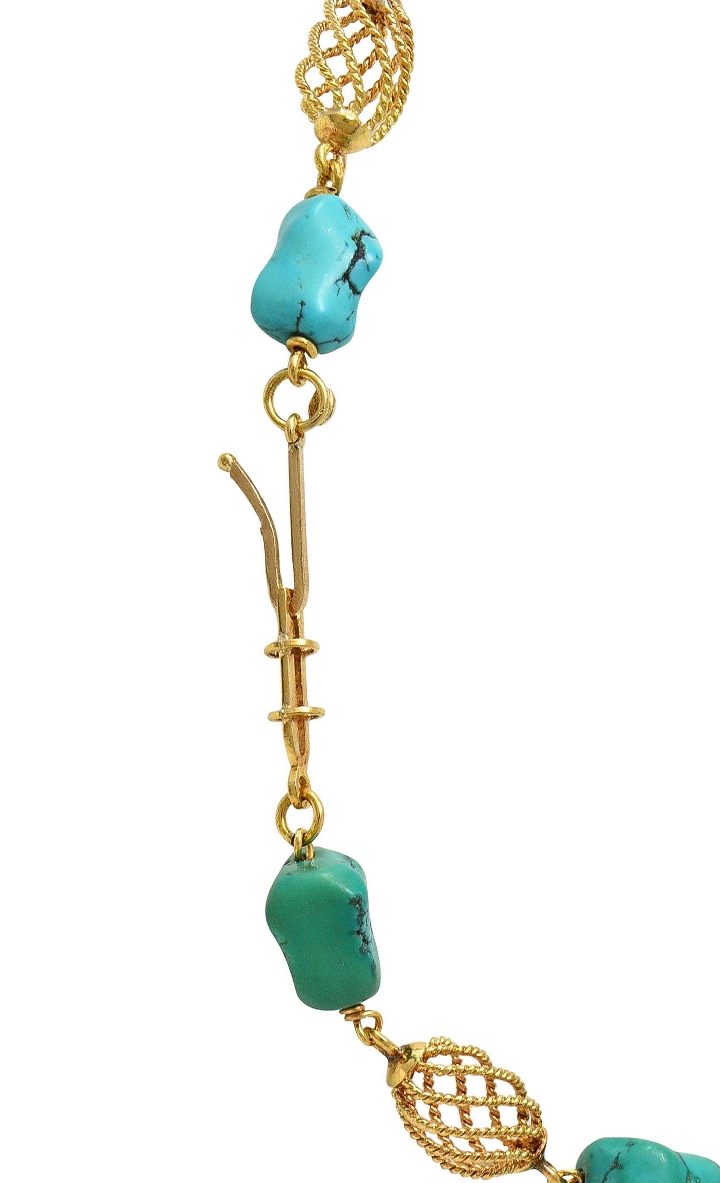 1960's Turquoise Nugget 18 Karat Yellow Gold Spiral Bead Vintage Collar Necklace