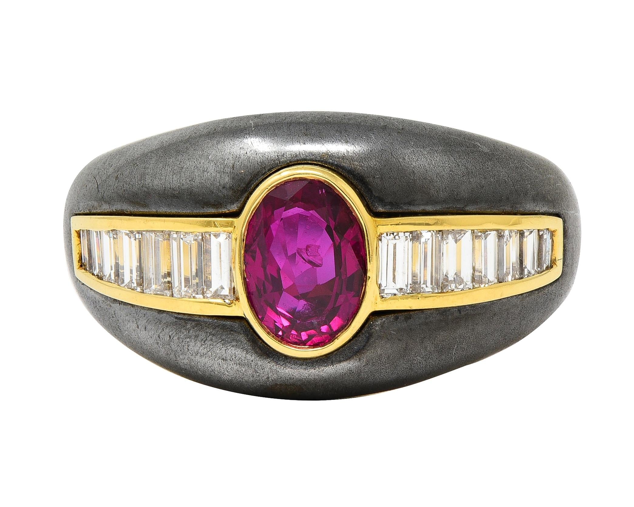 1980's 1.54 CTW Ruby Diamond Hematite 18 Karat Yellow Gold Vintage Ring GIA