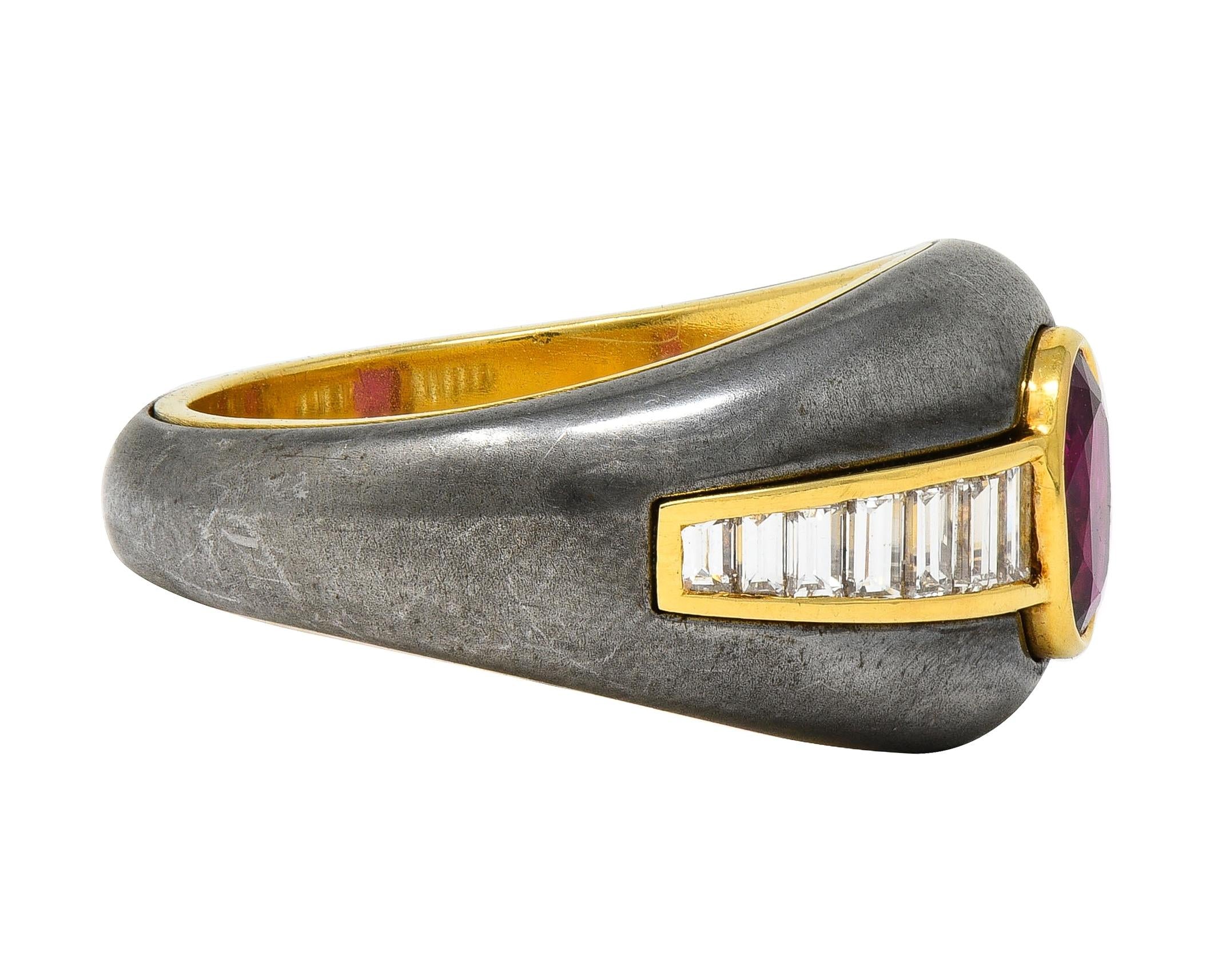 1980's 1.54 CTW Ruby Diamond Hematite 18 Karat Yellow Gold Vintage Ring GIA