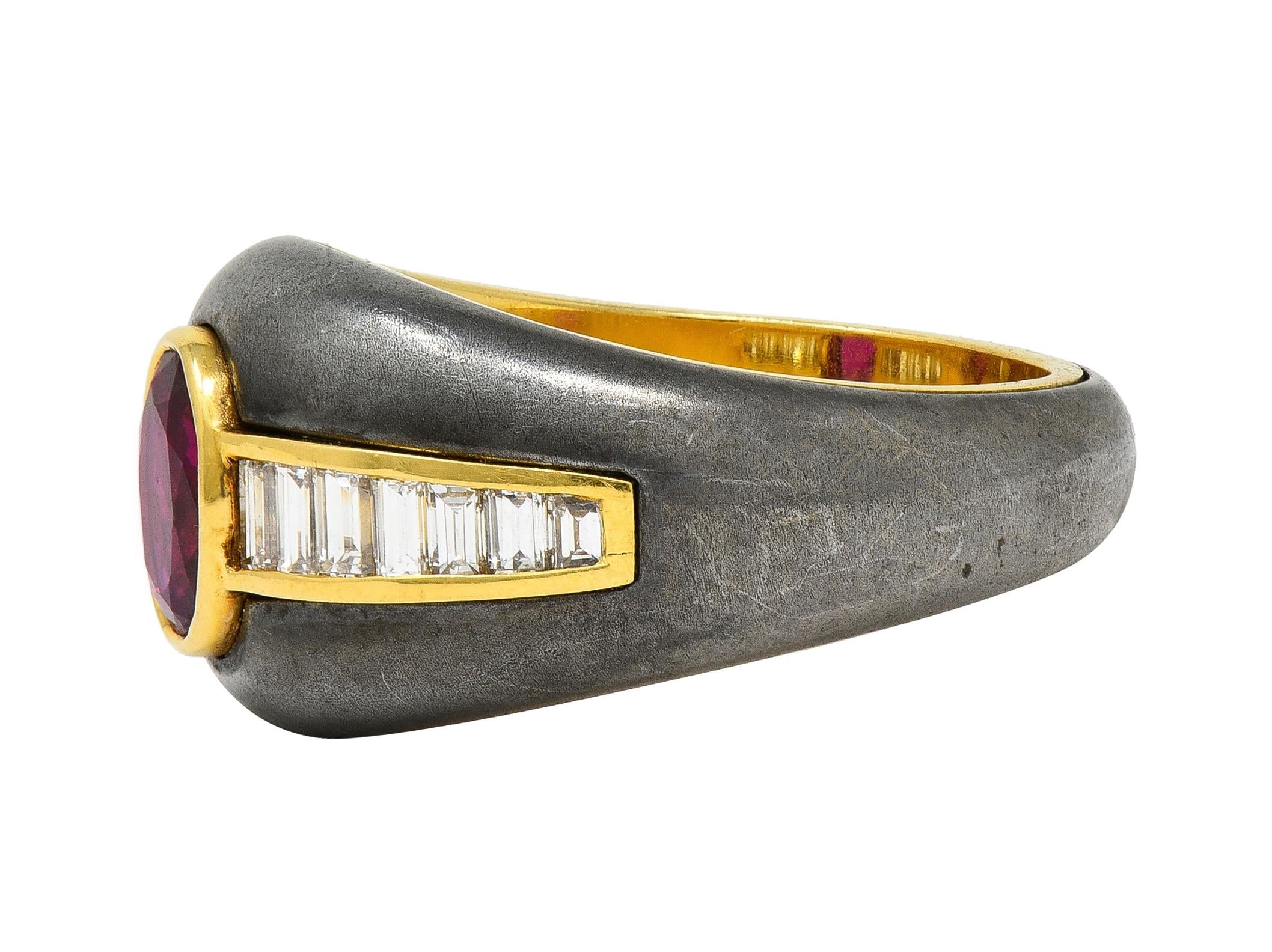 1980's 1.54 CTW Ruby Diamond Hematite 18 Karat Yellow Gold Vintage Ring GIA