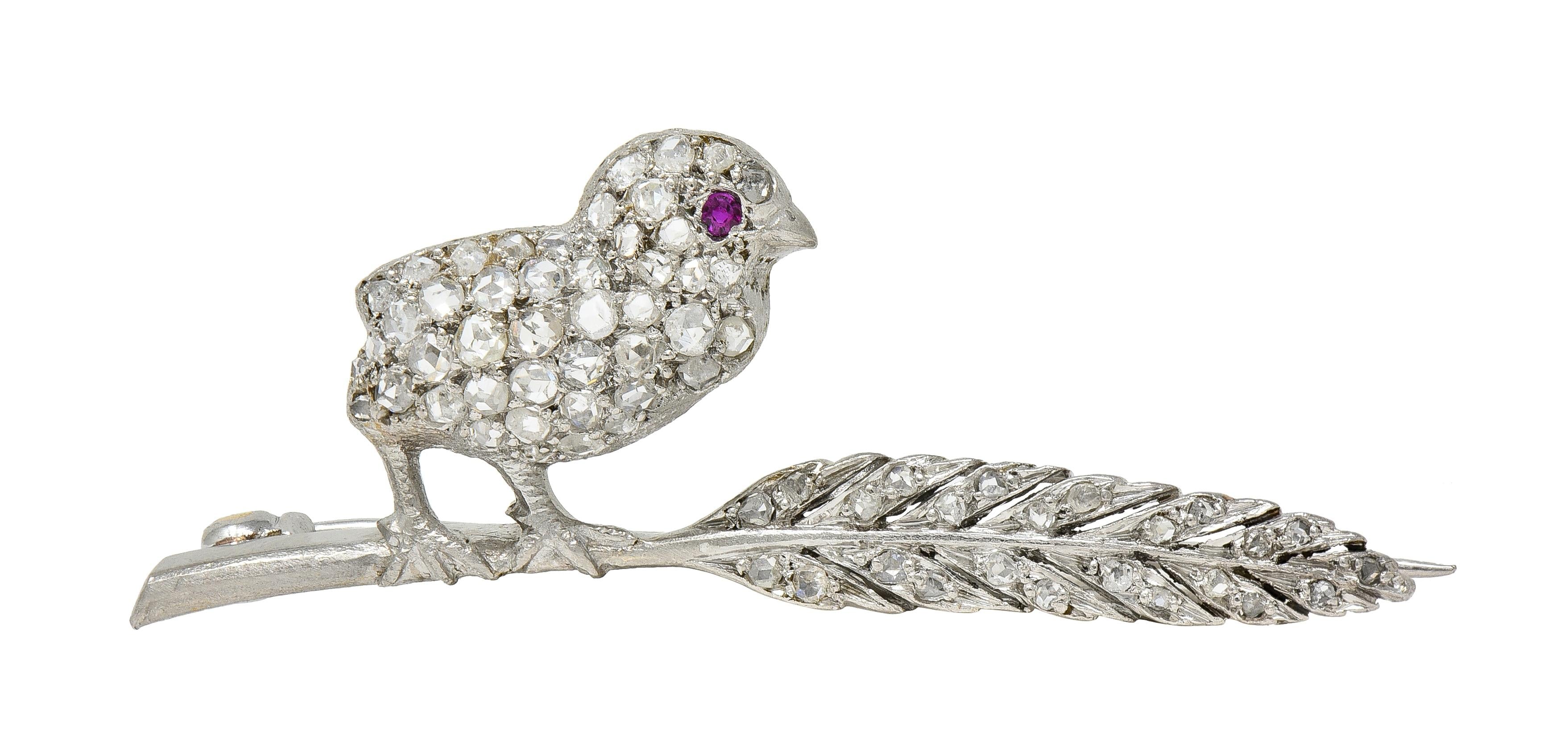 Art Deco Ruby Diamond Platinum Vintage Bird On A Feather Brooch