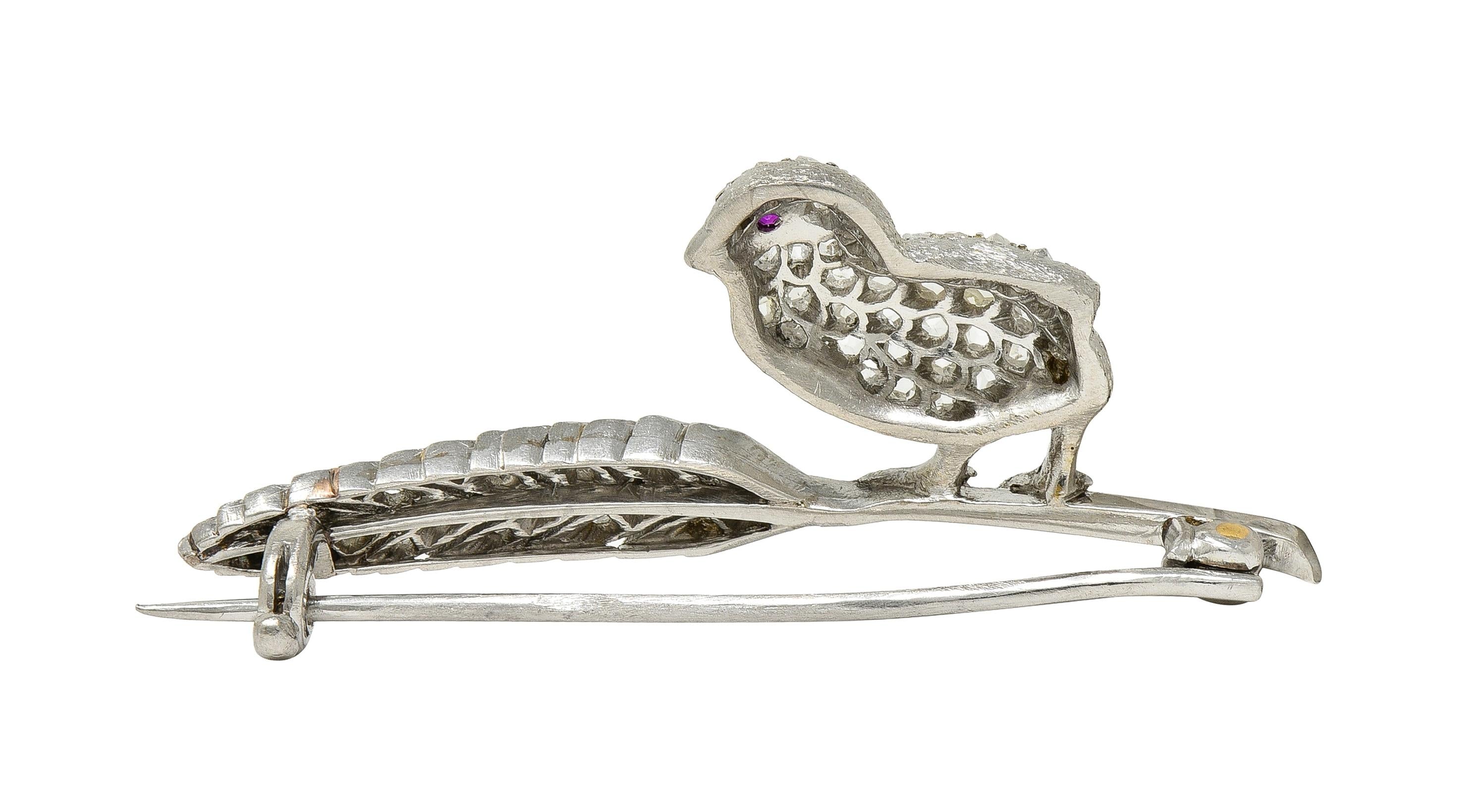 Art Deco Ruby Diamond Platinum Vintage Bird On A Feather Brooch