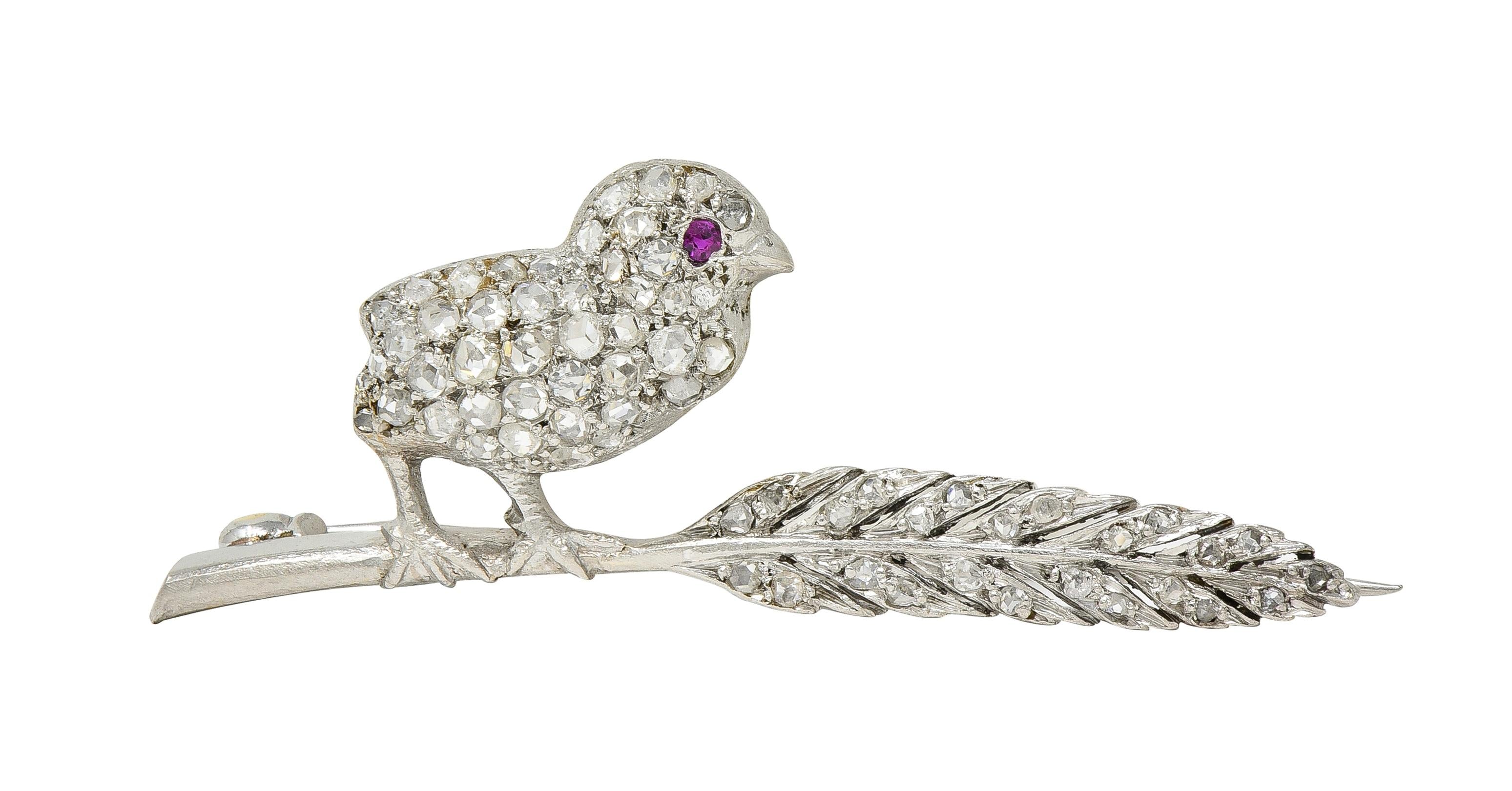 Art Deco Ruby Diamond Platinum Vintage Bird On A Feather Brooch