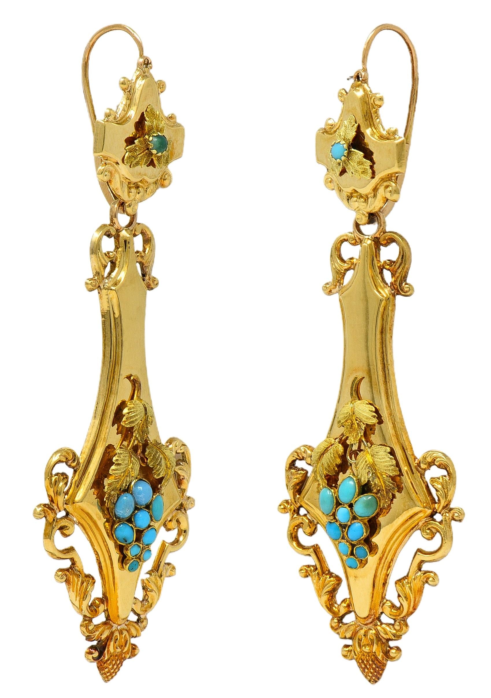 Victorian Neoclassical Revival Turquoise 18K Gold Antique Grape Drop Earrings
