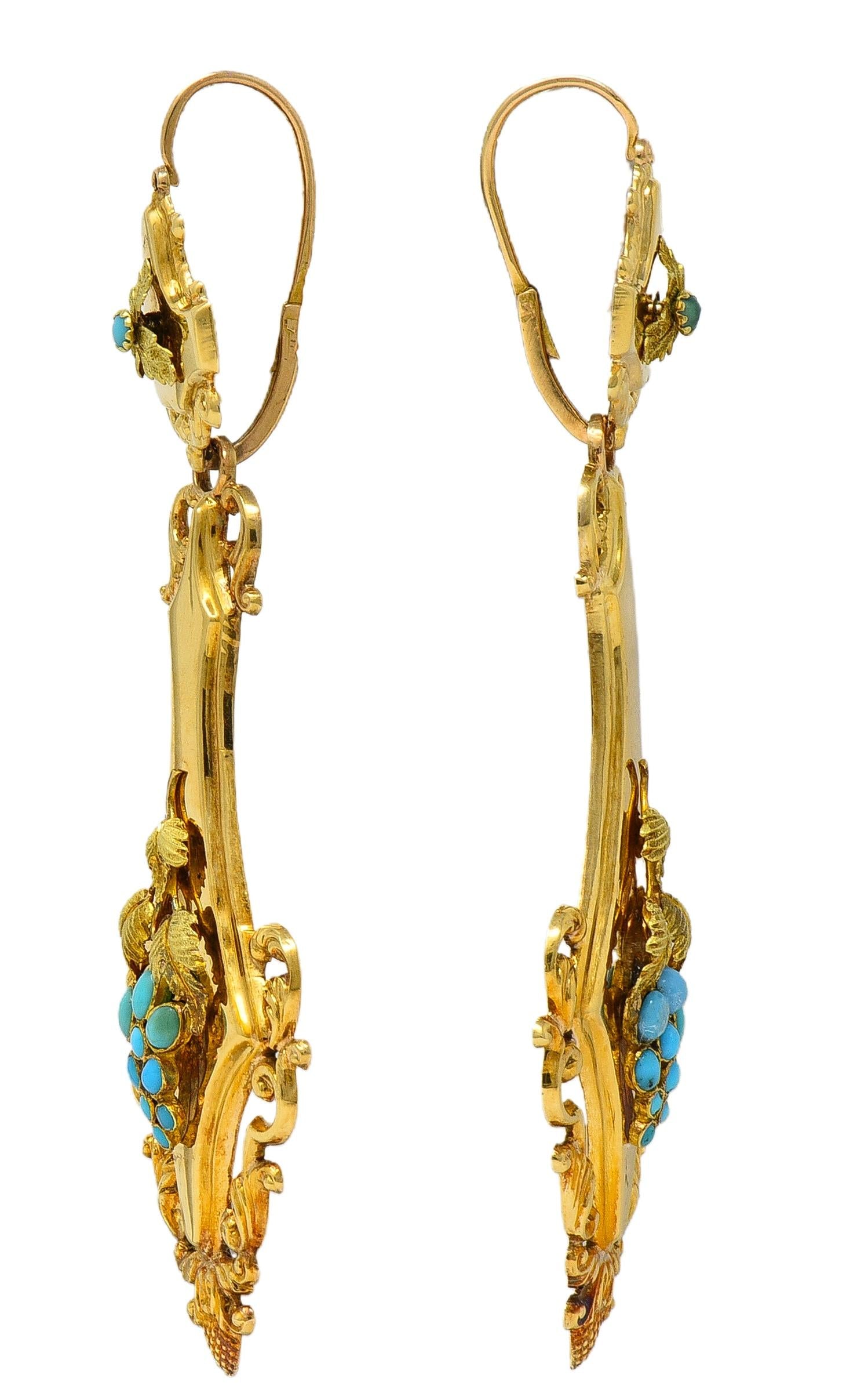 Victorian Neoclassical Revival Turquoise 18K Gold Antique Grape Drop Earrings