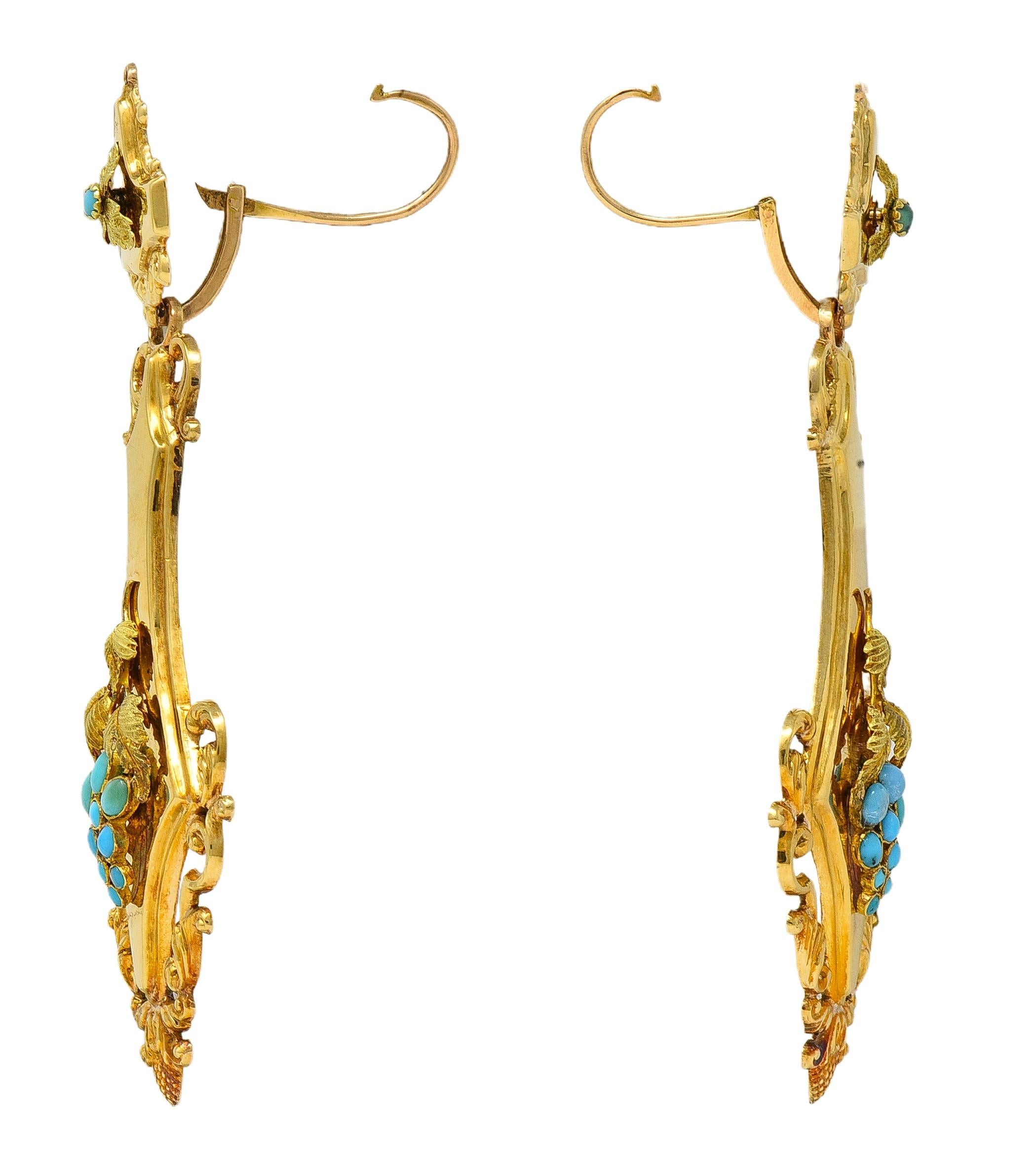 Victorian Neoclassical Revival Turquoise 18K Gold Antique Grape Drop Earrings