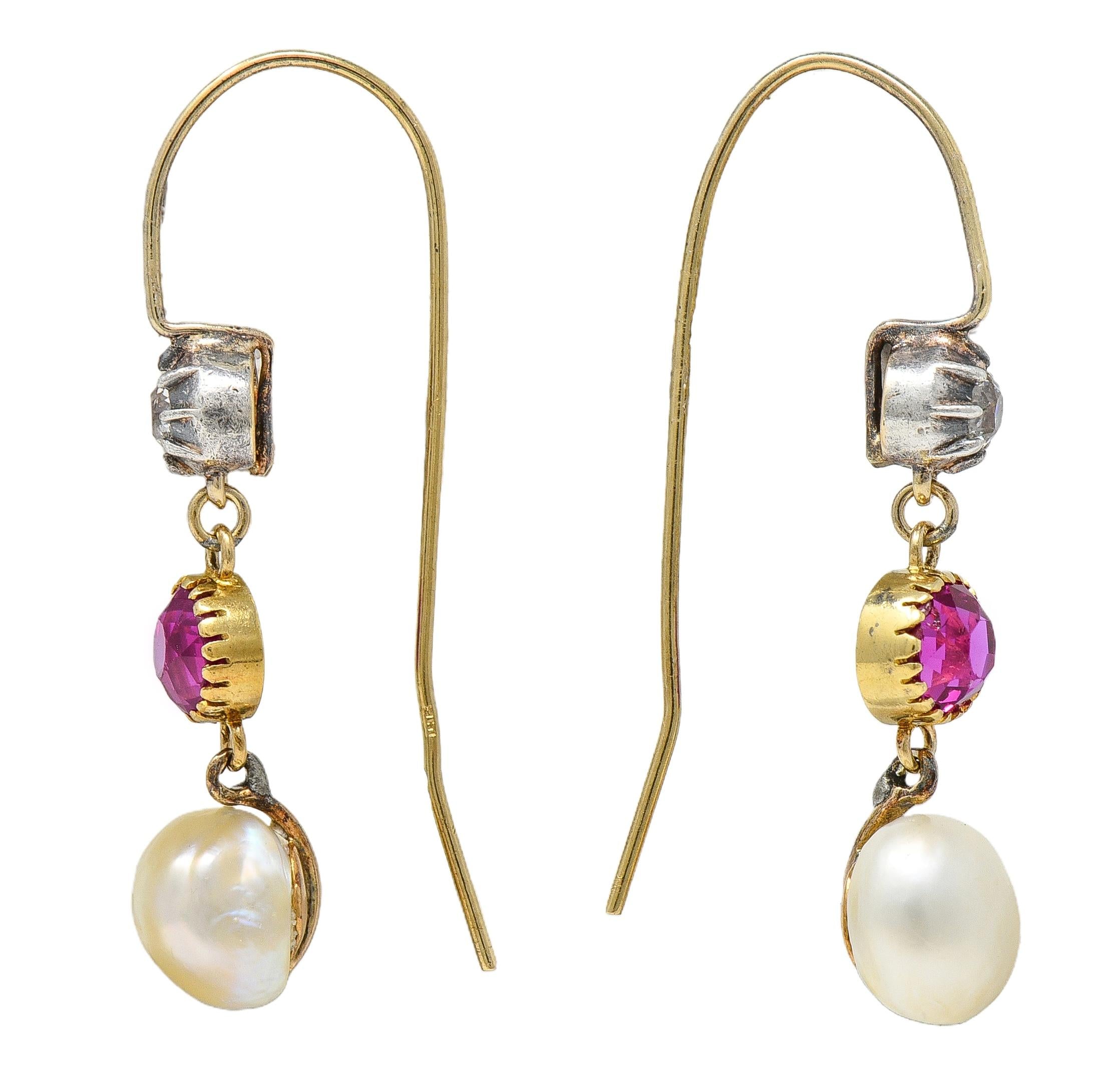 Victorian No Heat Burma Pink Sapphire Diamond Pearl 14K Gold Drop Earrings GIA