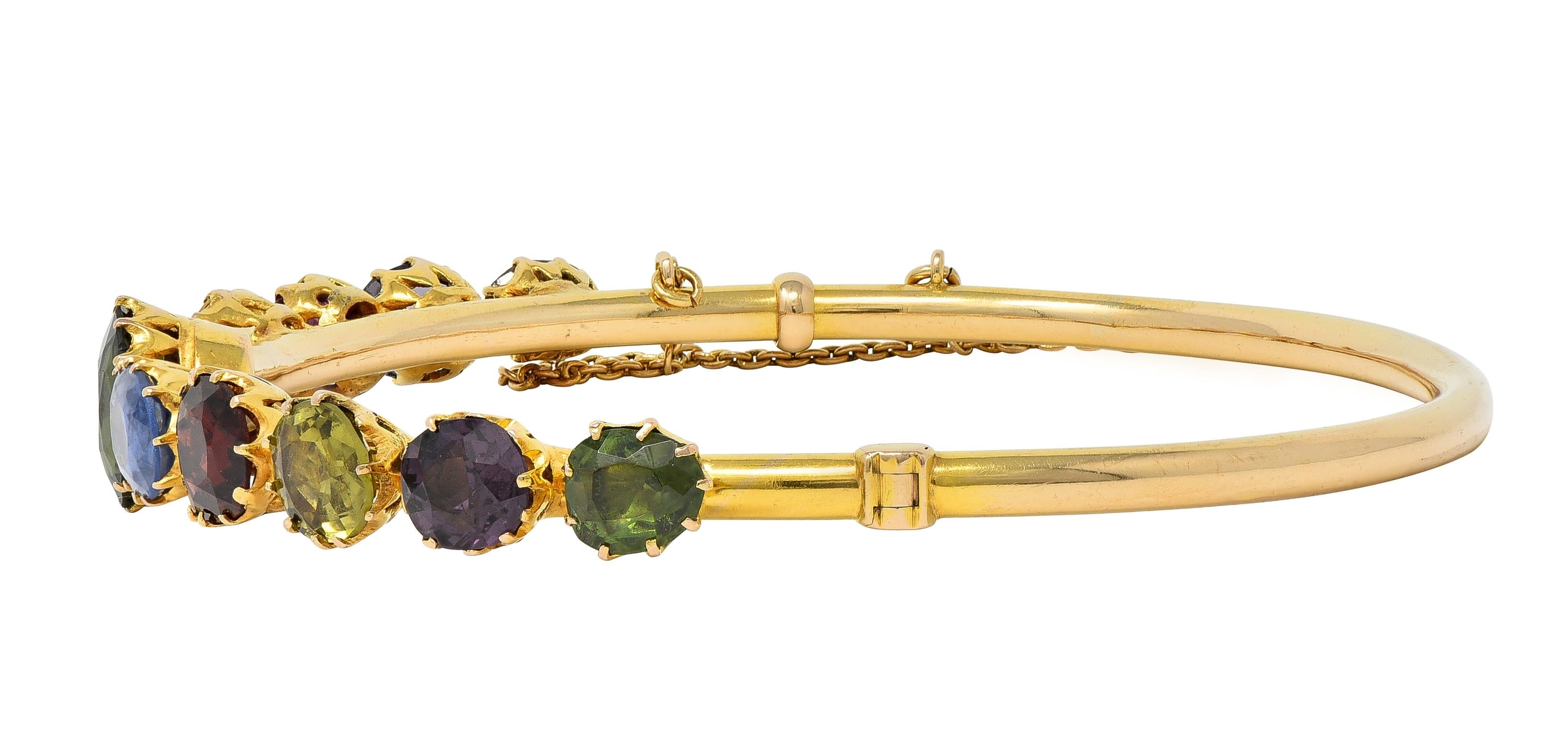 Victorian 16.38 CTW Sapphire Garnet 14K Gold Antique Harlequin Bangle Bracelet