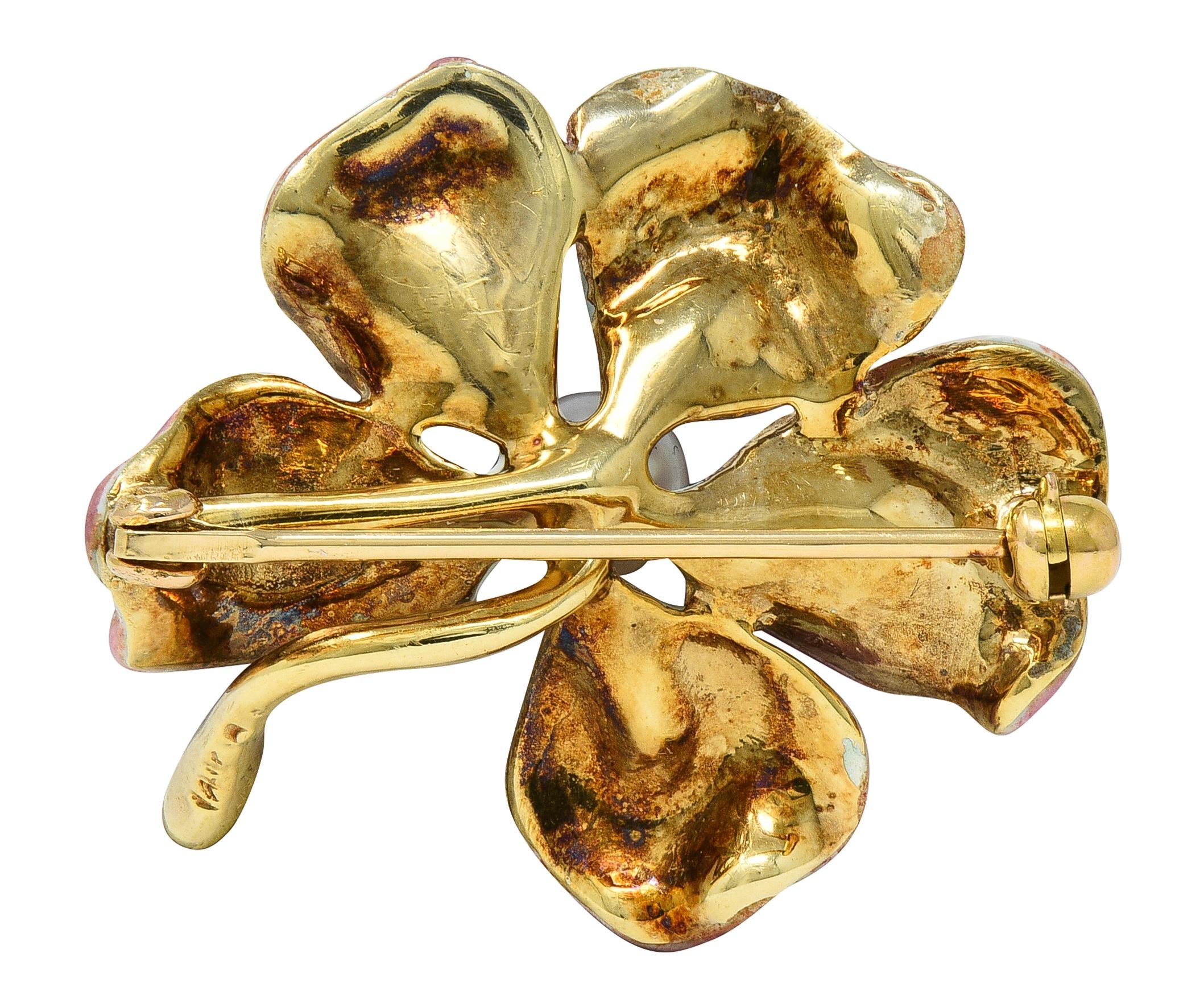 Art Nouveau Painted Enamel Pearl 14 Karat Yellow Gold Antique Flower Brooch