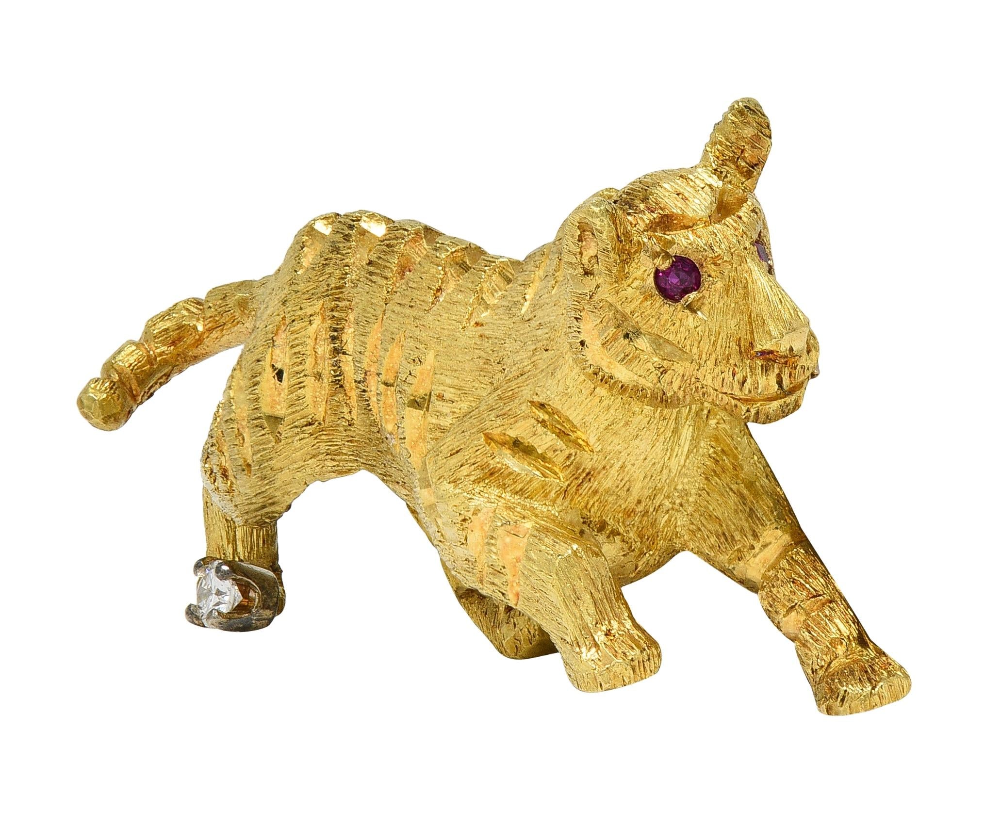 Black Starr & Frost Diamond Ruby 18 Karat Yellow Gold Vintage Tiger Brooch