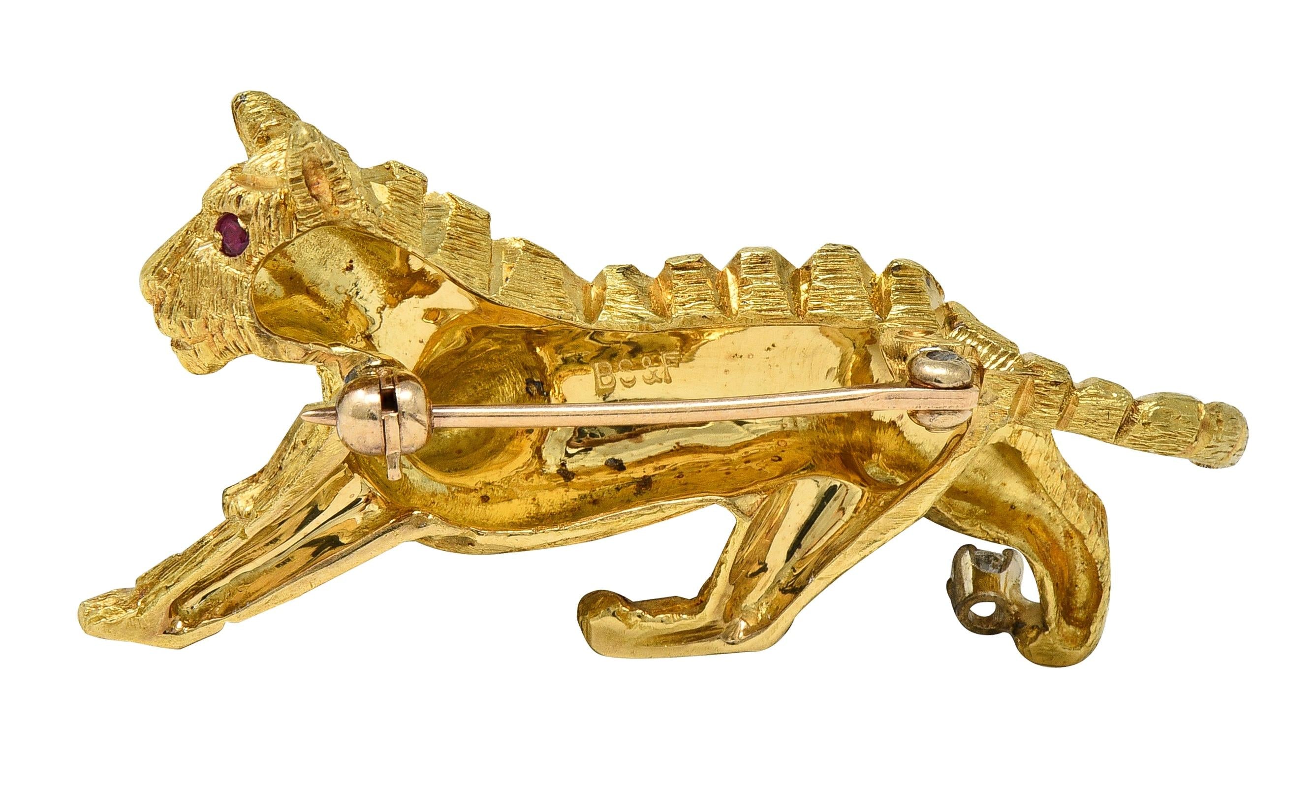 Black Starr & Frost Diamond Ruby 18 Karat Yellow Gold Vintage Tiger Brooch