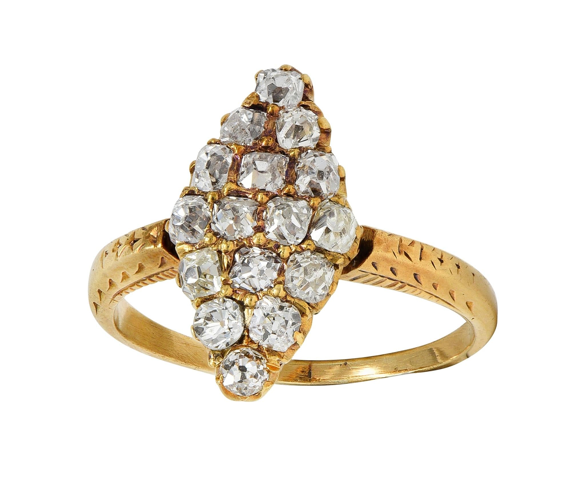 Victorian 0.96 CTW Old Mine Diamond 18 Karat Yellow Gold Antique Navette Ring