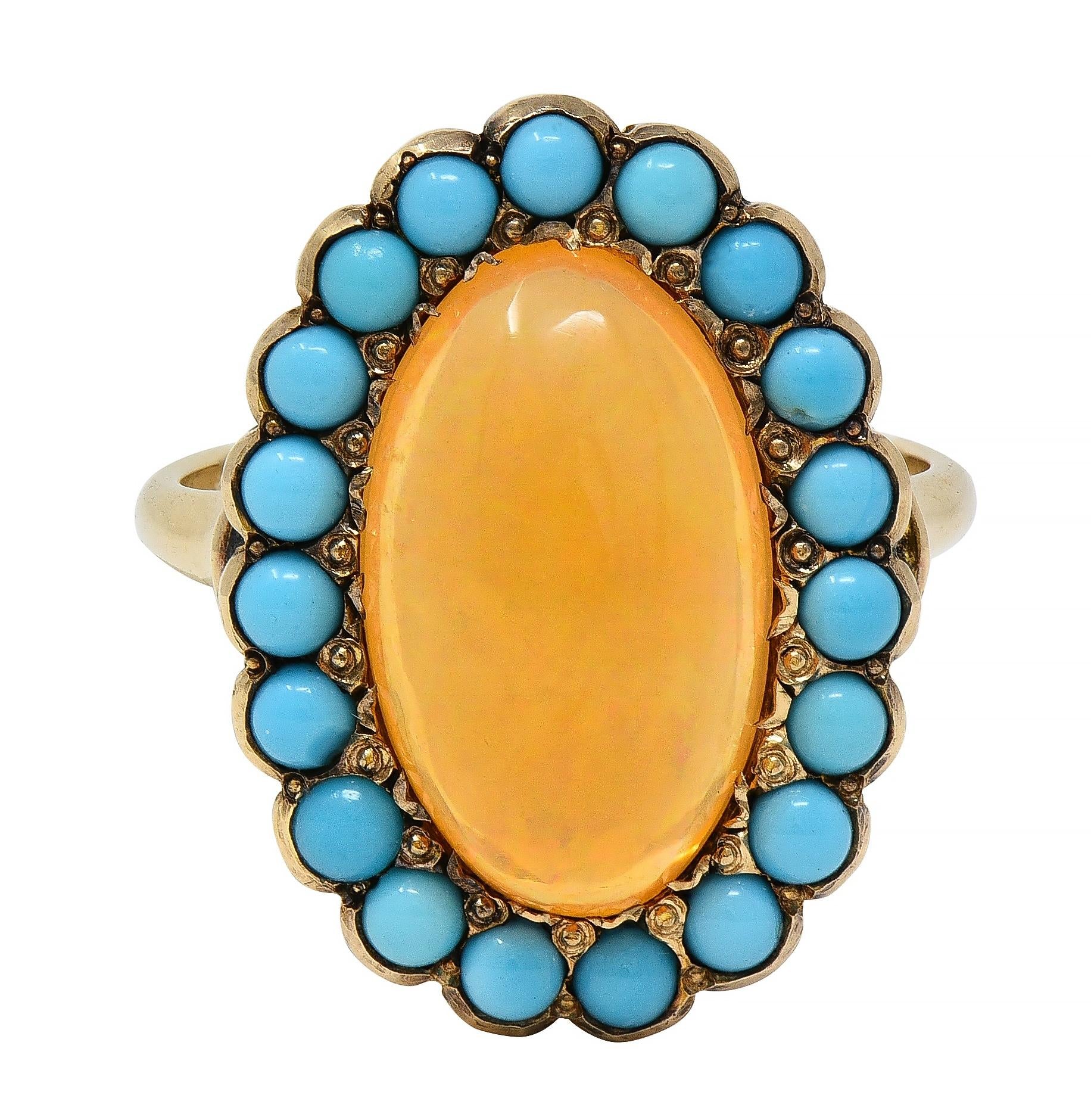 Victorian Jelly Fire Opal Turquoise 14 Karat Yellow Gold Antique Halo Ring
