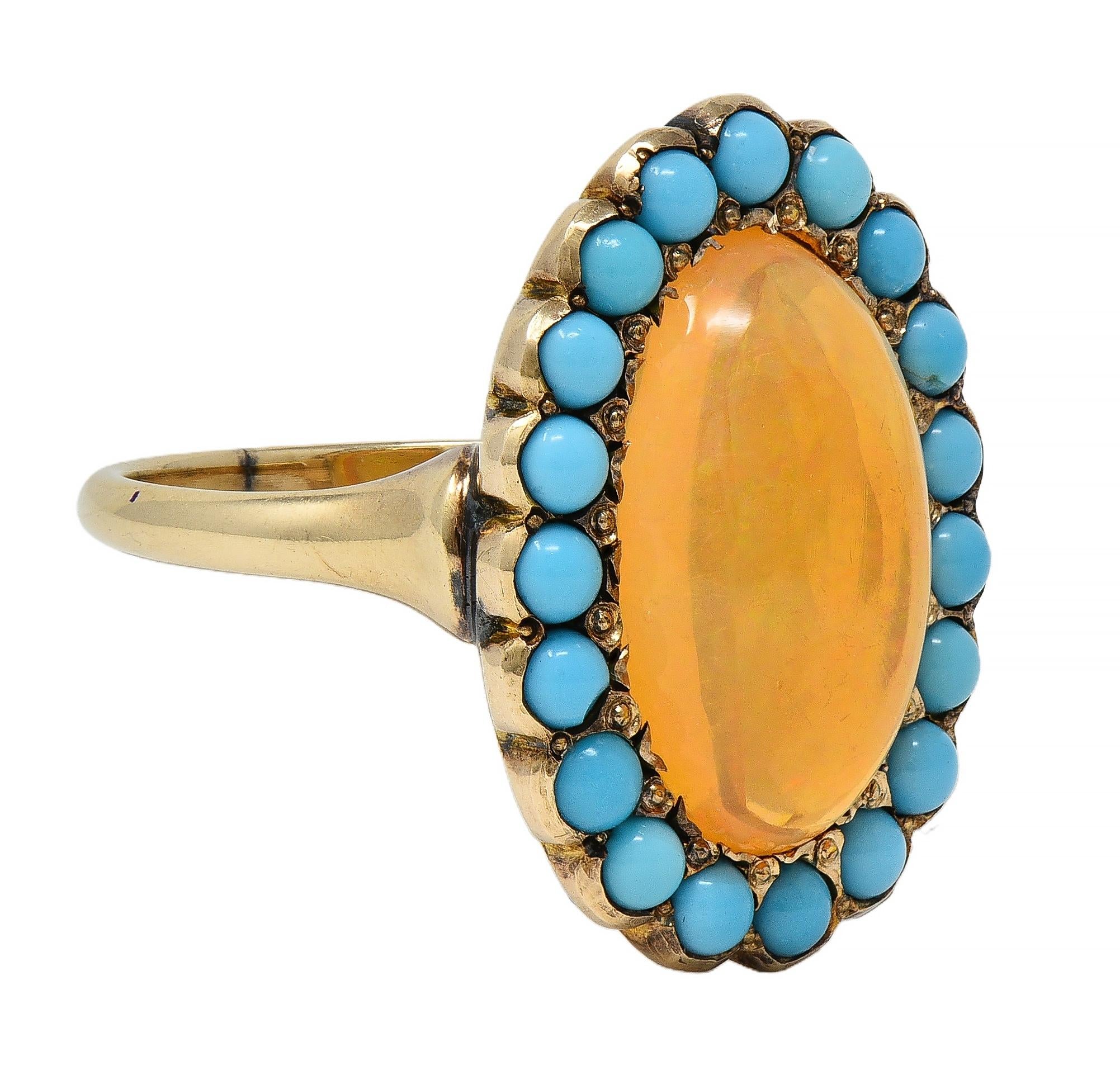 Victorian Jelly Fire Opal Turquoise 14 Karat Yellow Gold Antique Halo Ring