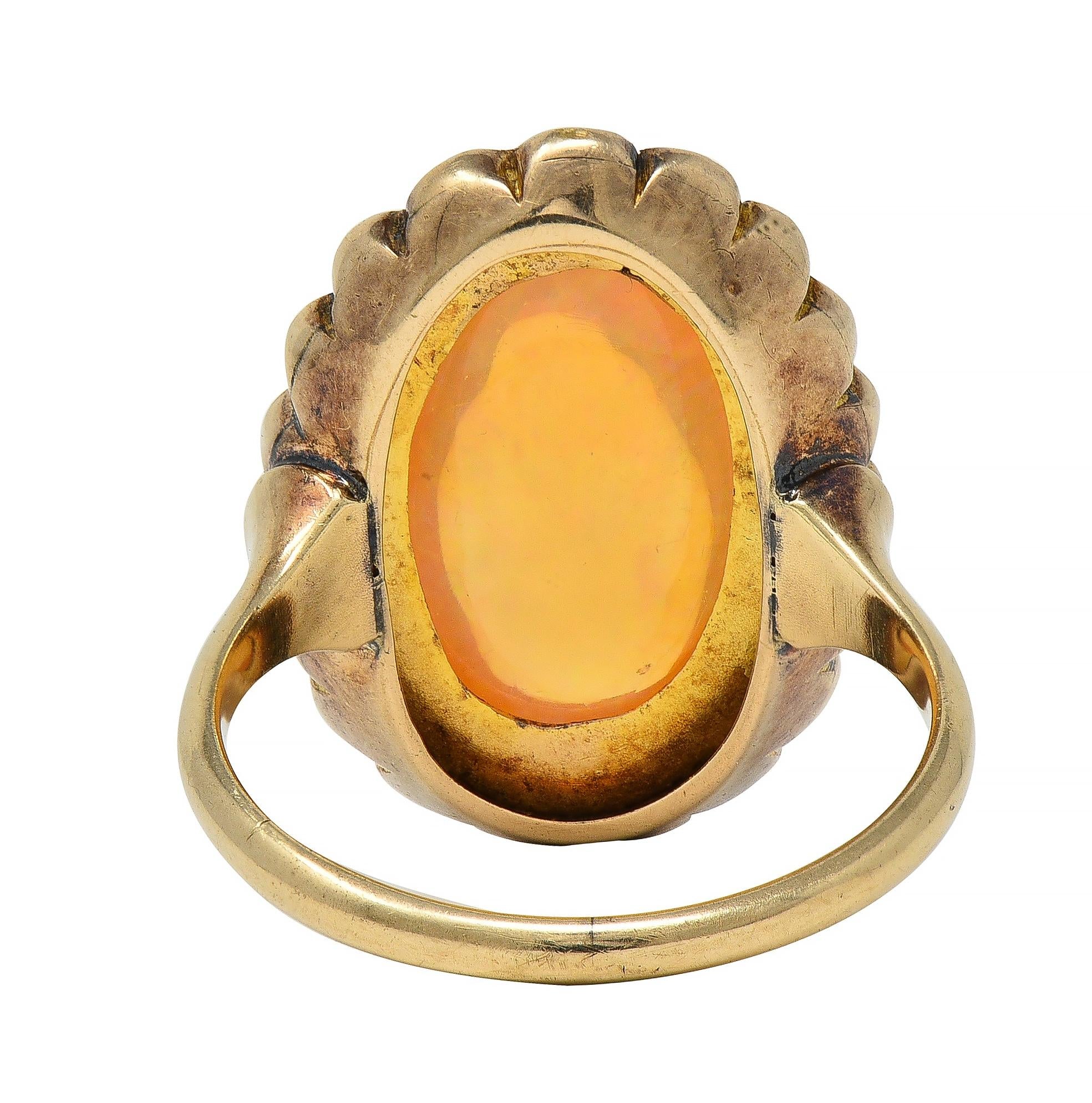 Victorian Jelly Fire Opal Turquoise 14 Karat Yellow Gold Antique Halo Ring