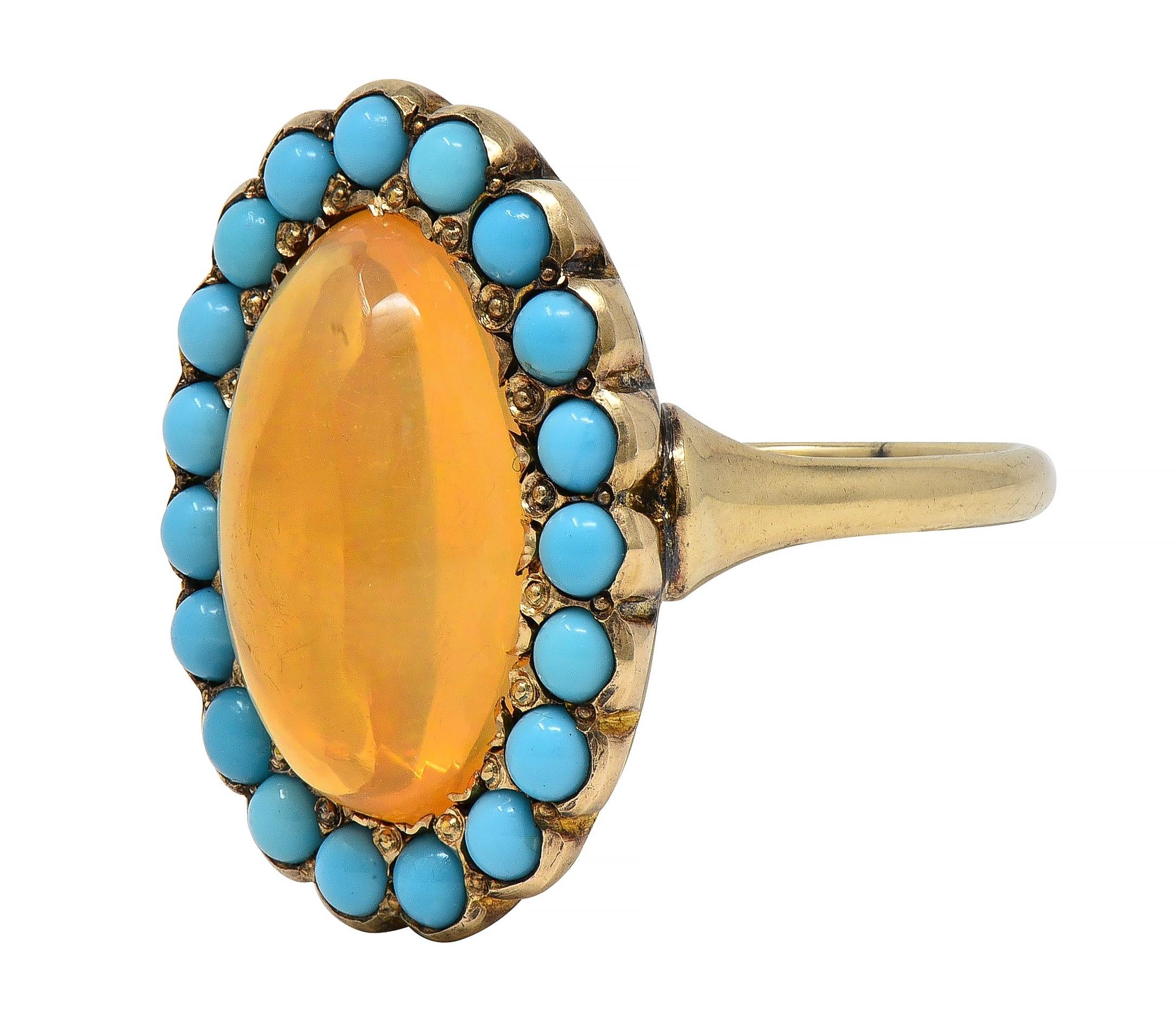 Victorian Jelly Fire Opal Turquoise 14 Karat Yellow Gold Antique Halo Ring