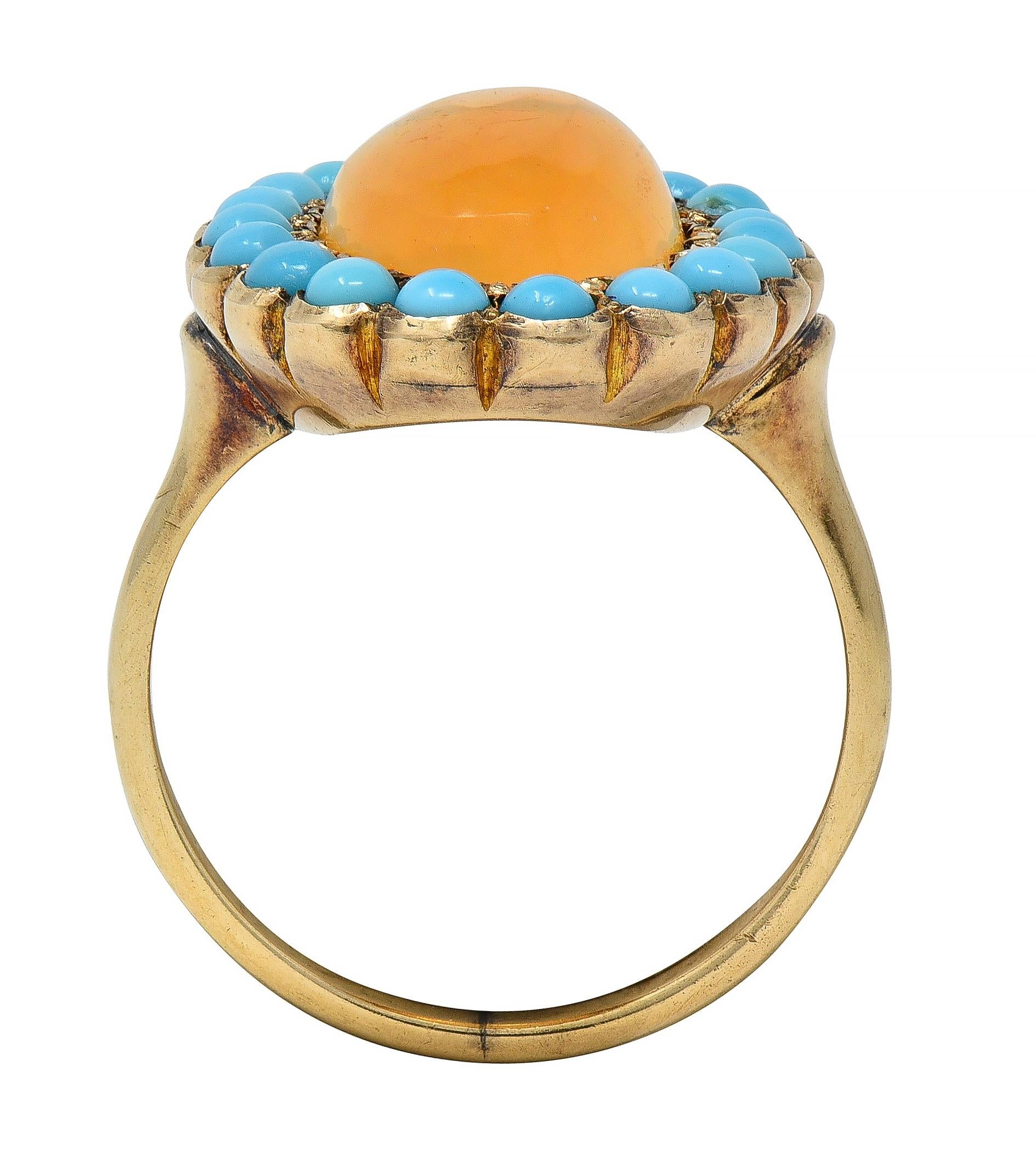Victorian Jelly Fire Opal Turquoise 14 Karat Yellow Gold Antique Halo Ring