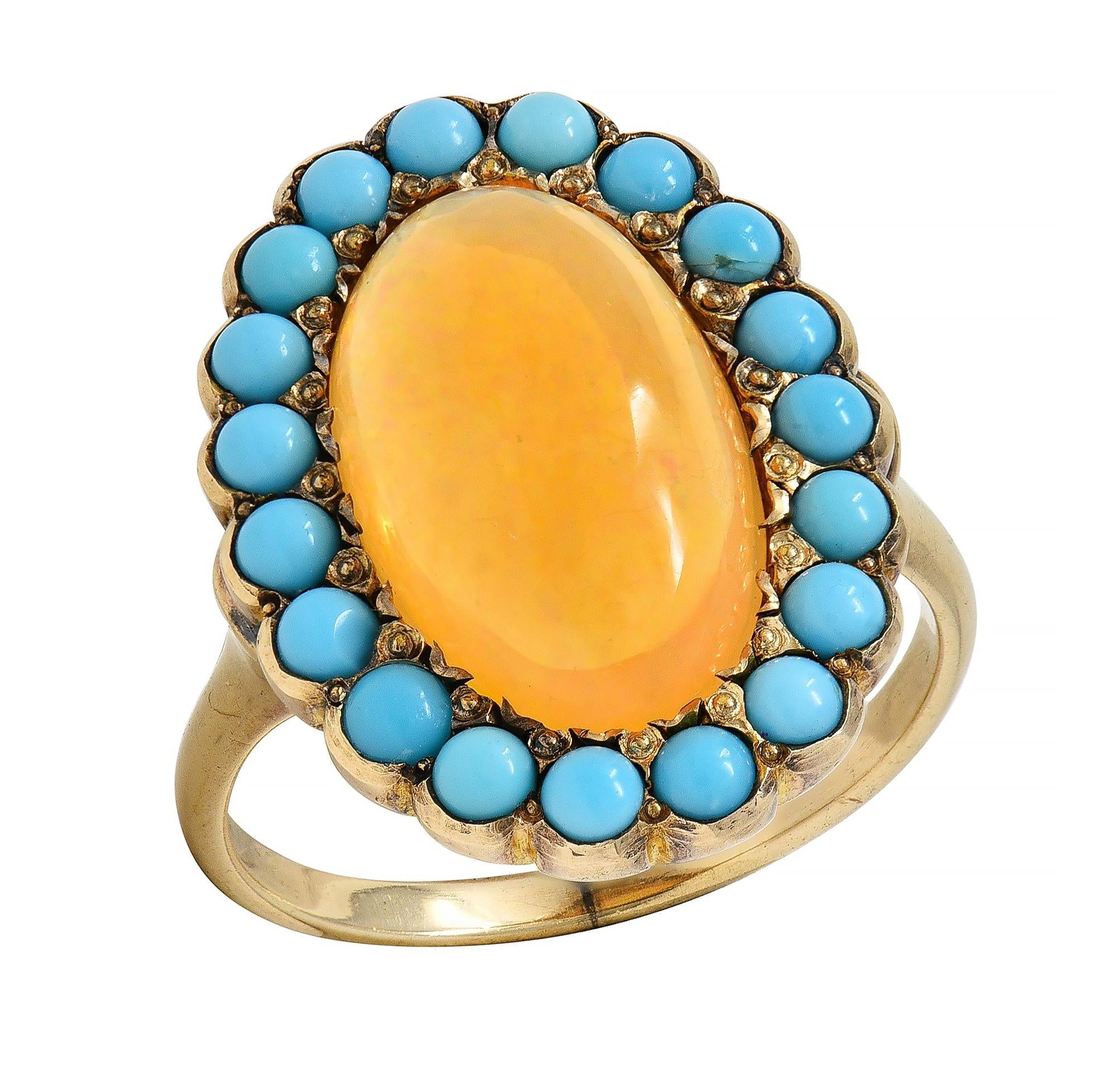 Victorian Jelly Fire Opal Turquoise 14 Karat Yellow Gold Antique Halo Ring