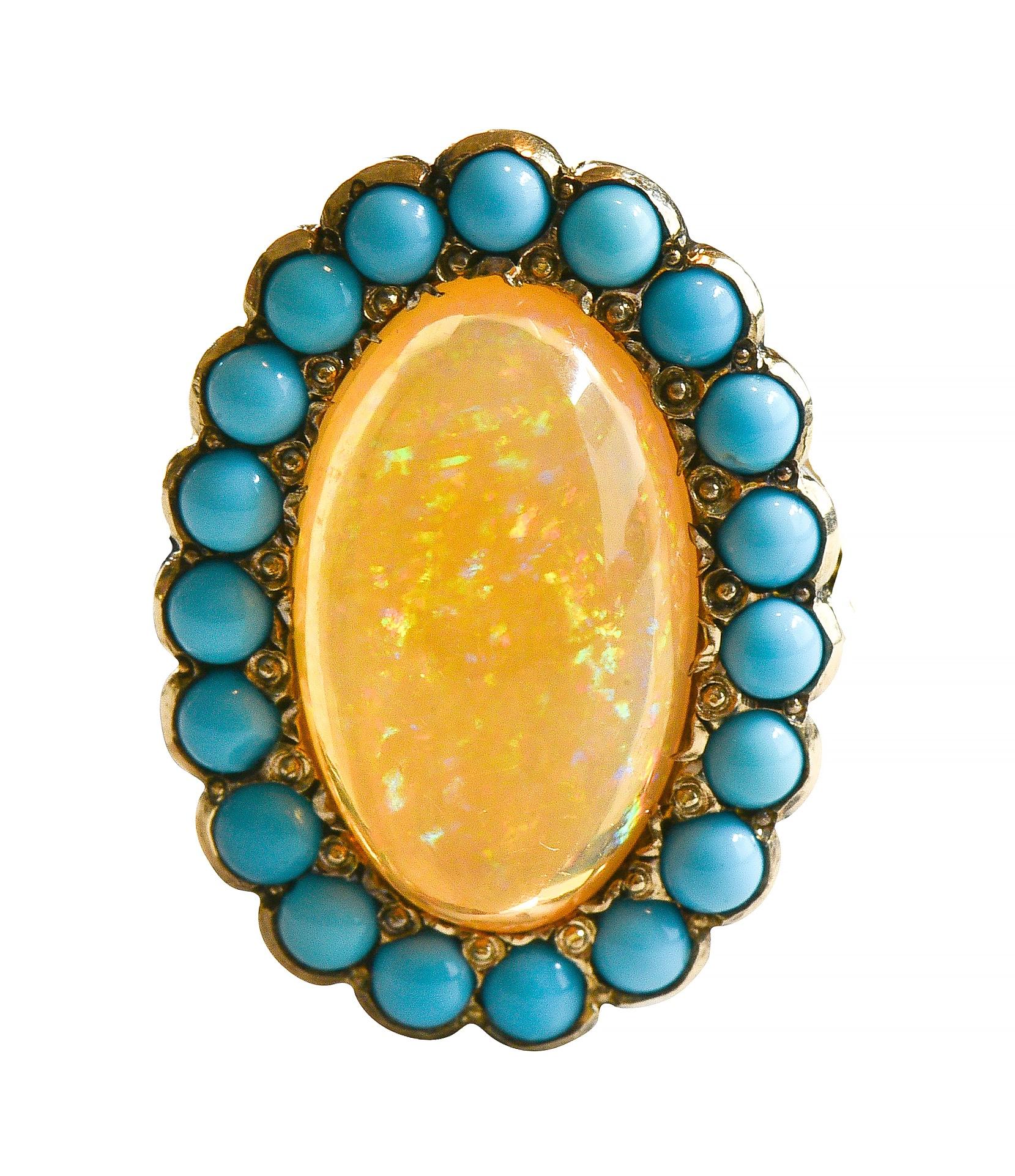 Victorian Jelly Fire Opal Turquoise 14 Karat Yellow Gold Antique Halo Ring
