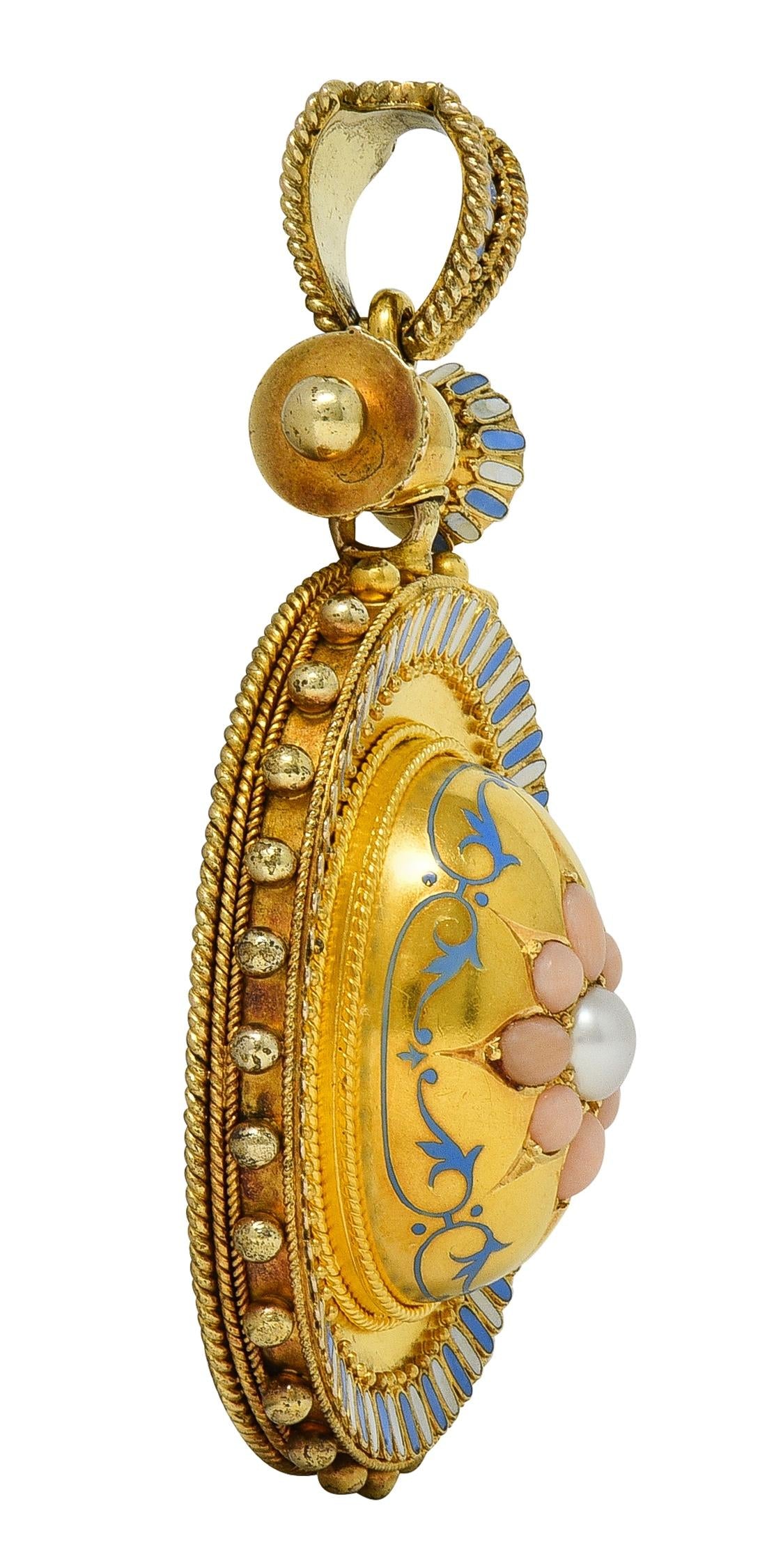 Victorian Etruscan Revival Multi-Gem Enamel 14K Gold Antique Star Locket Pendant