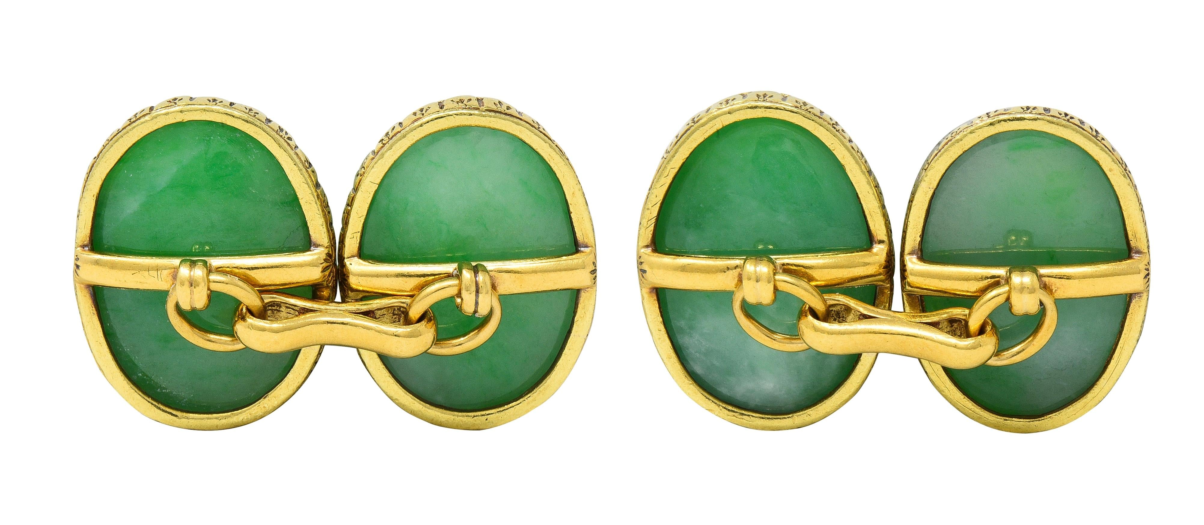 Tiffany & Co. Early Art Deco Jadeite Jade 18 Karat Yellow Gold Antique Cufflinks
