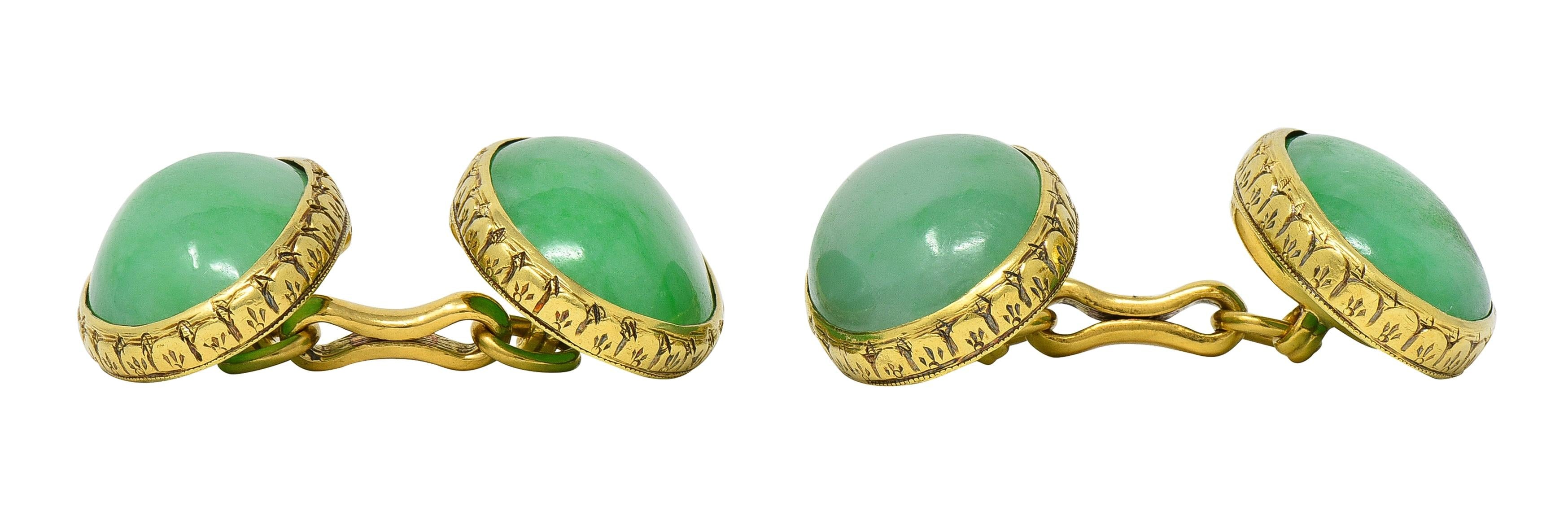 Tiffany & Co. Early Art Deco Jadeite Jade 18 Karat Yellow Gold Antique Cufflinks