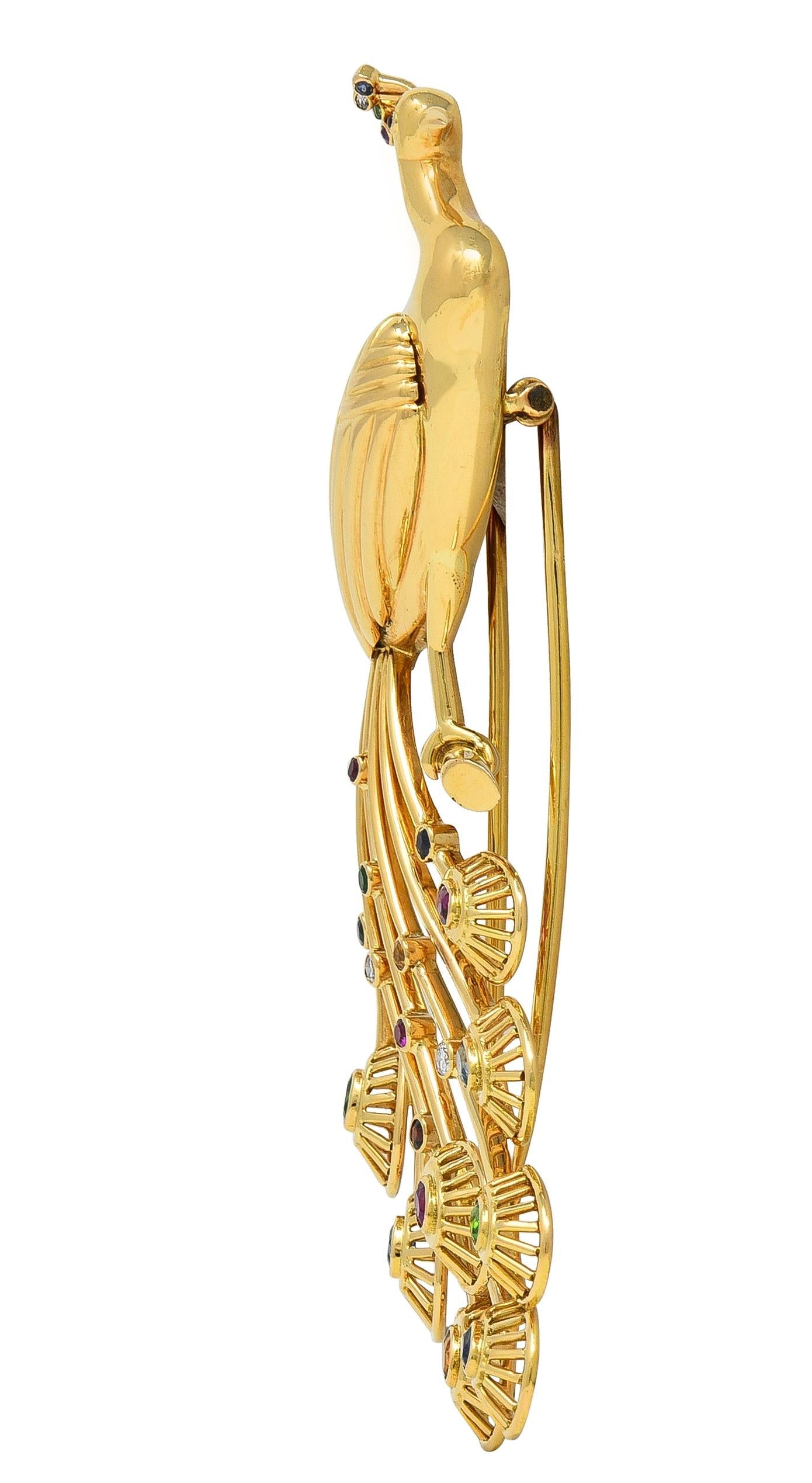 1950's French Multi-Gem Ruby Diamond 18 Karat Yellow Gold Vintage Peacock Brooch