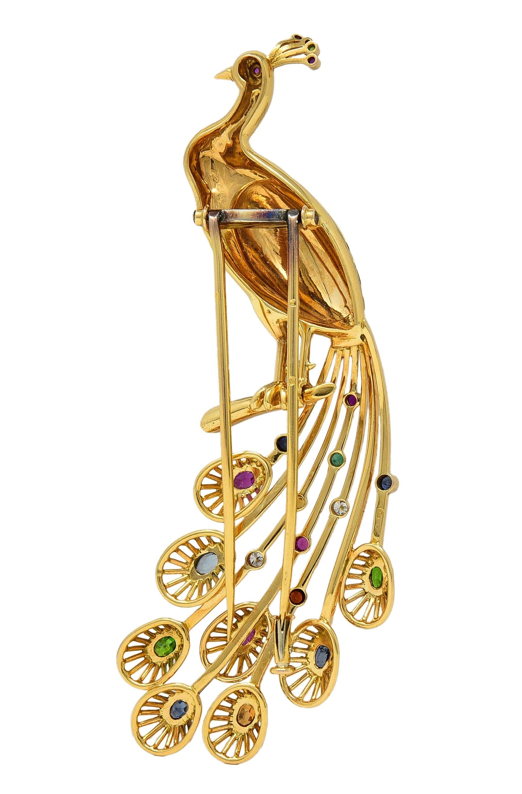 1950's French Multi-Gem Ruby Diamond 18 Karat Yellow Gold Vintage Peacock Brooch