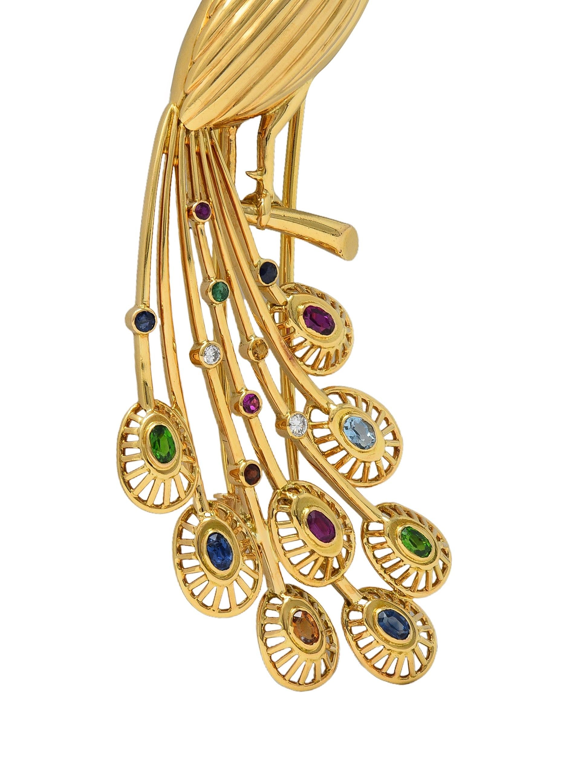 1950's French Multi-Gem Ruby Diamond 18 Karat Yellow Gold Vintage Peacock Brooch