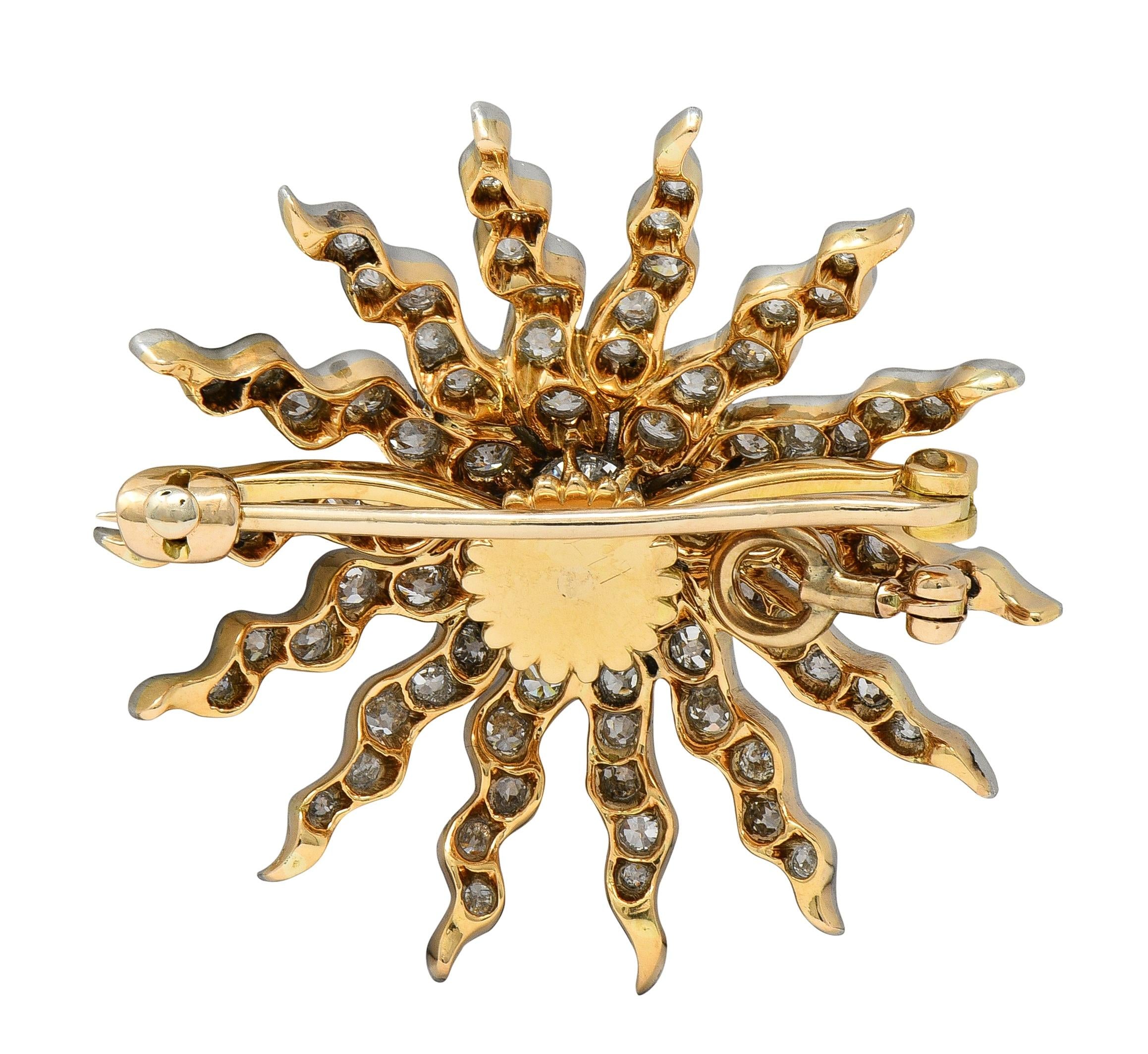Victorian 3.62 CTW Diamond Platinum 14K Gold Antique Starburst Pendant Brooch
