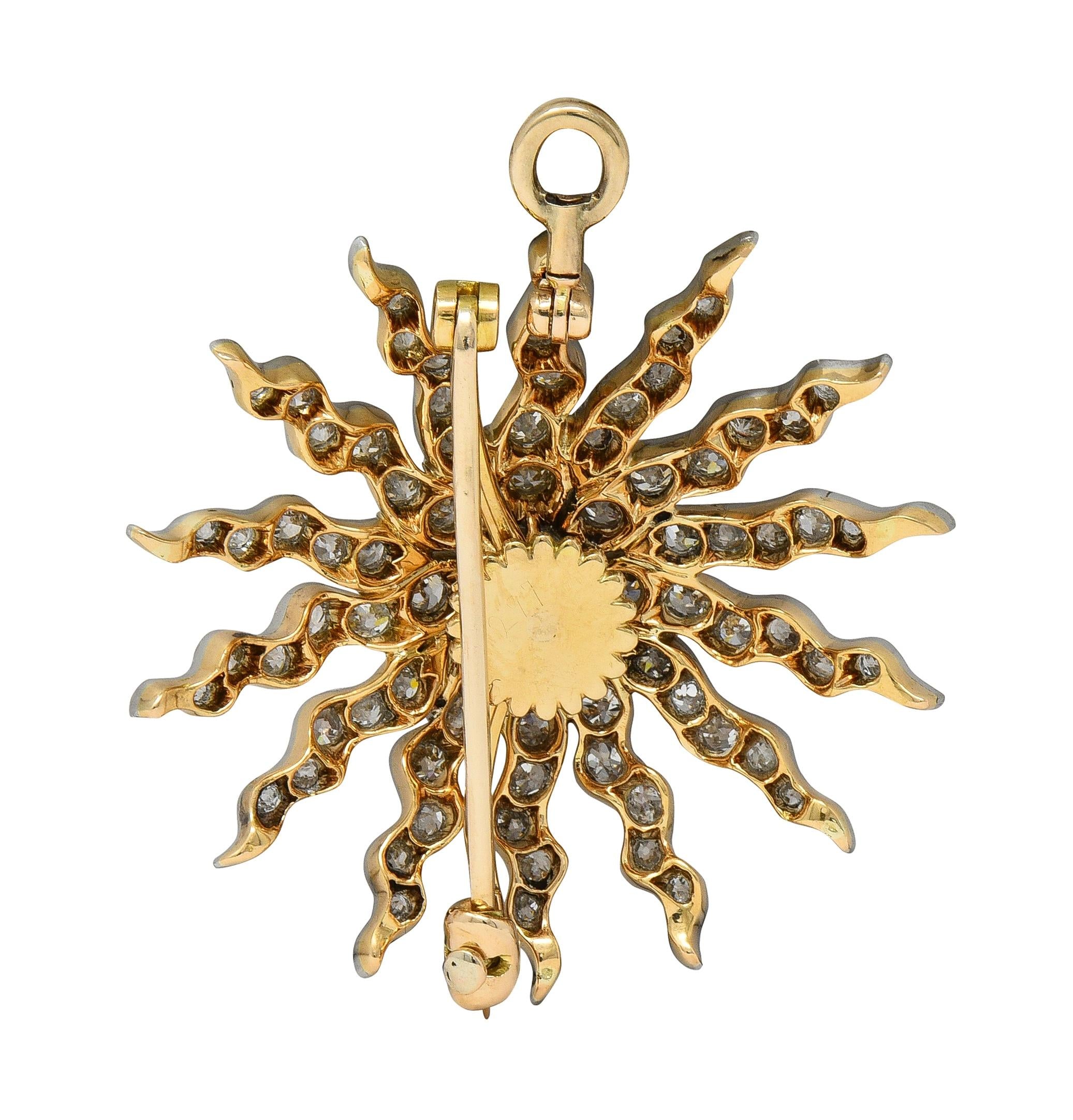 Victorian 3.62 CTW Diamond Platinum 14K Gold Antique Starburst Pendant Brooch