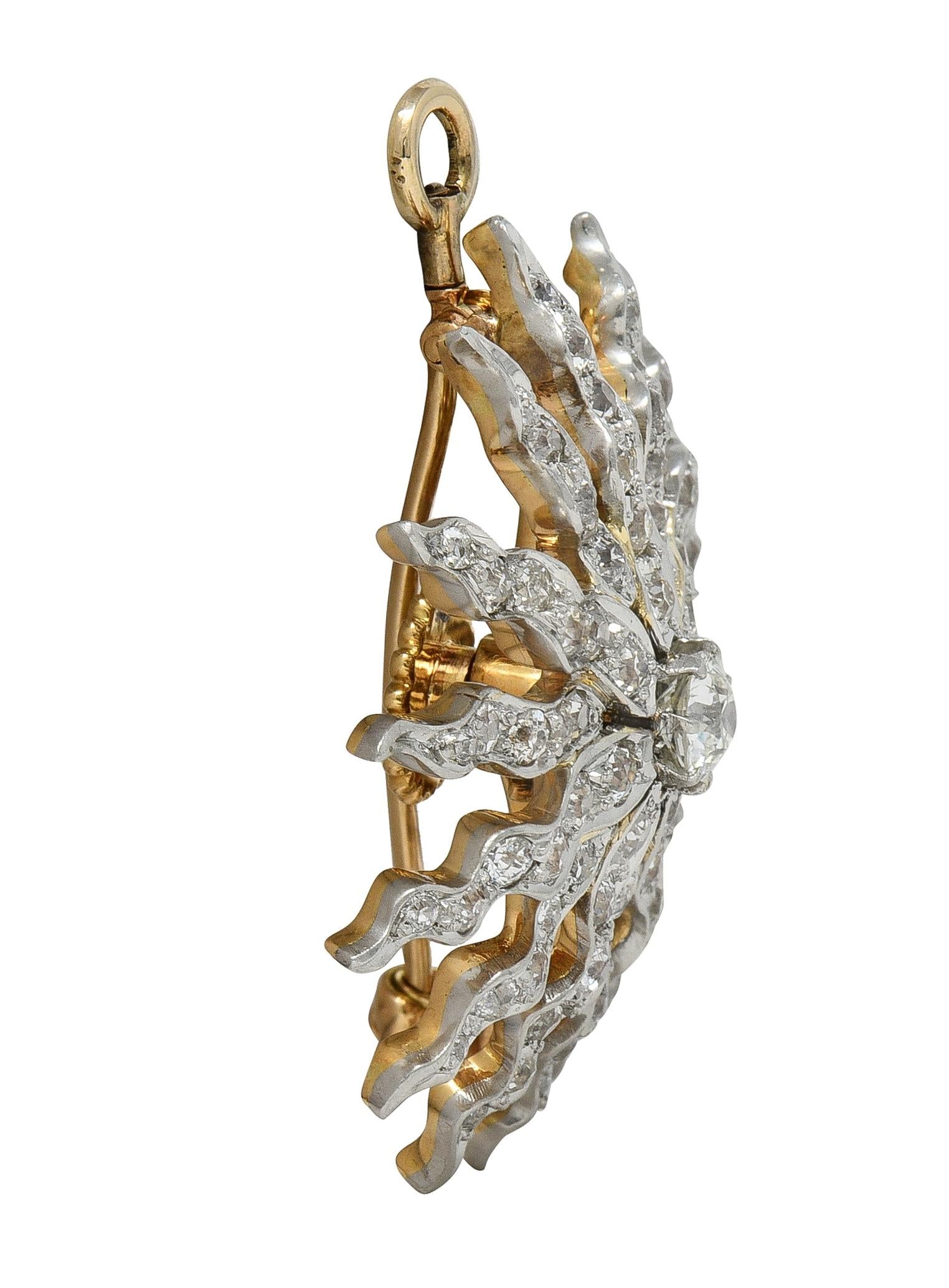 Victorian 3.62 CTW Diamond Platinum 14K Gold Antique Starburst Pendant Brooch