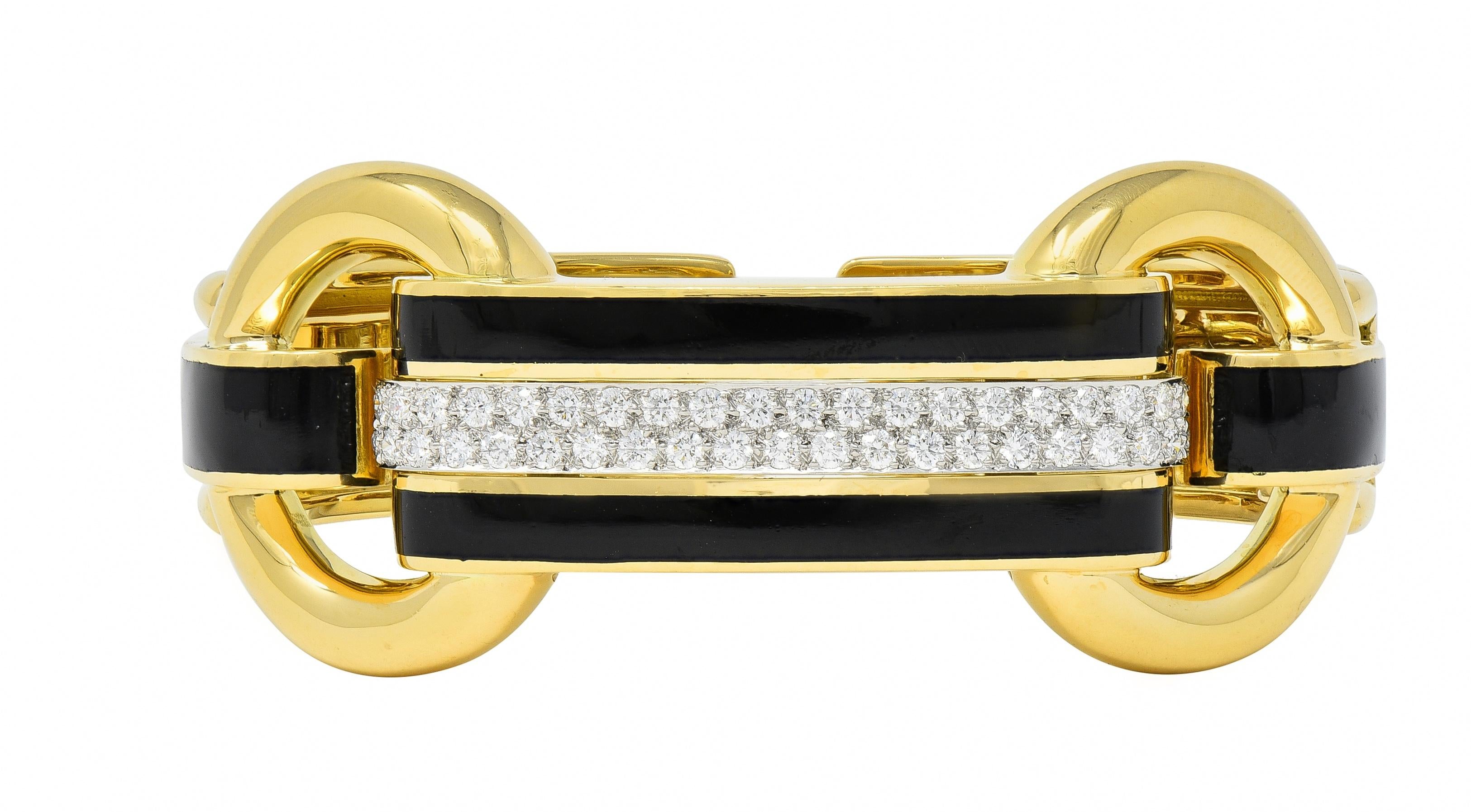 David Webb Diamond Enamel Platinum 18 Karat Yellow Gold Bridle Cuff Bracelet