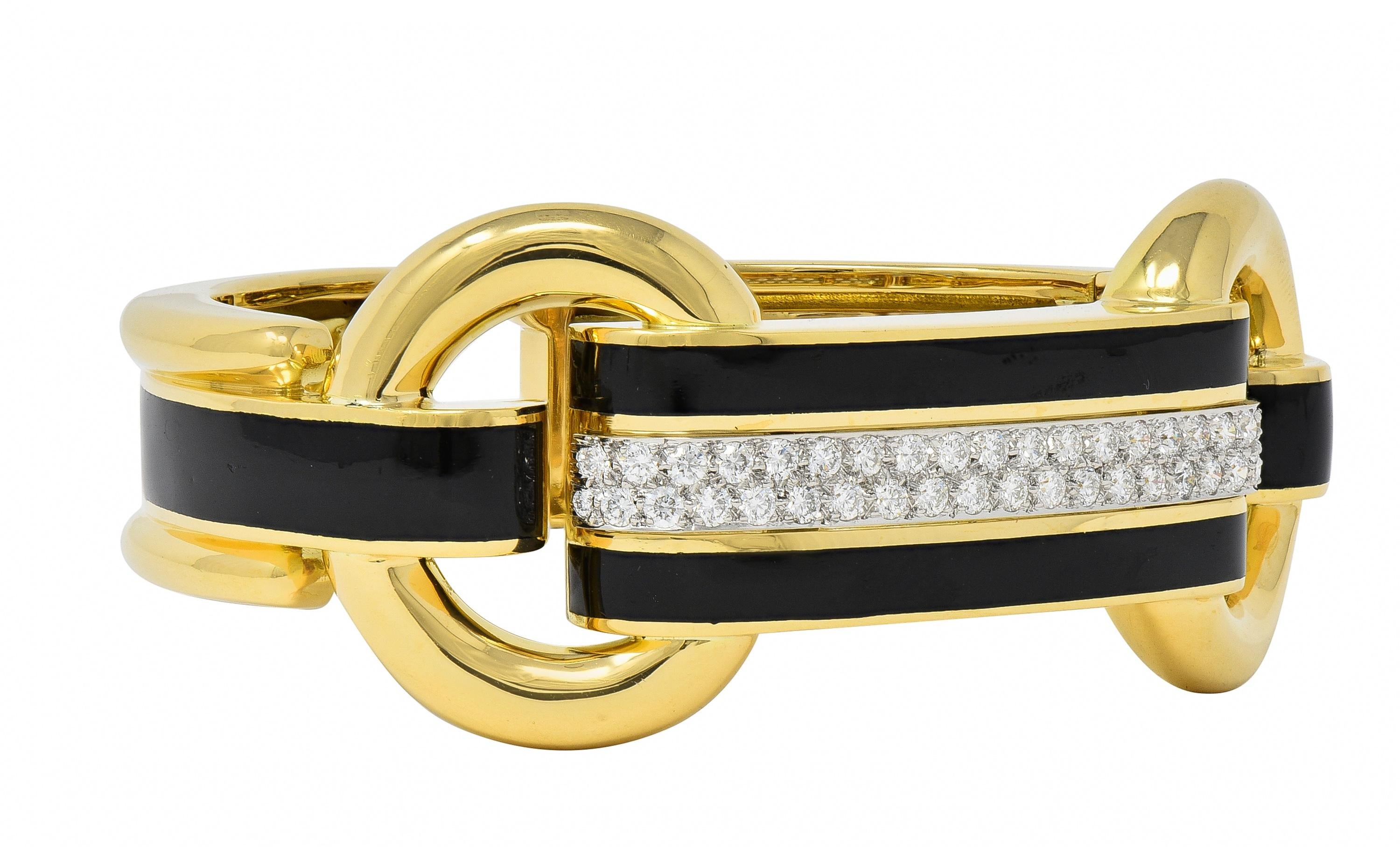 David Webb Diamond Enamel Platinum 18 Karat Yellow Gold Bridle Cuff Bracelet