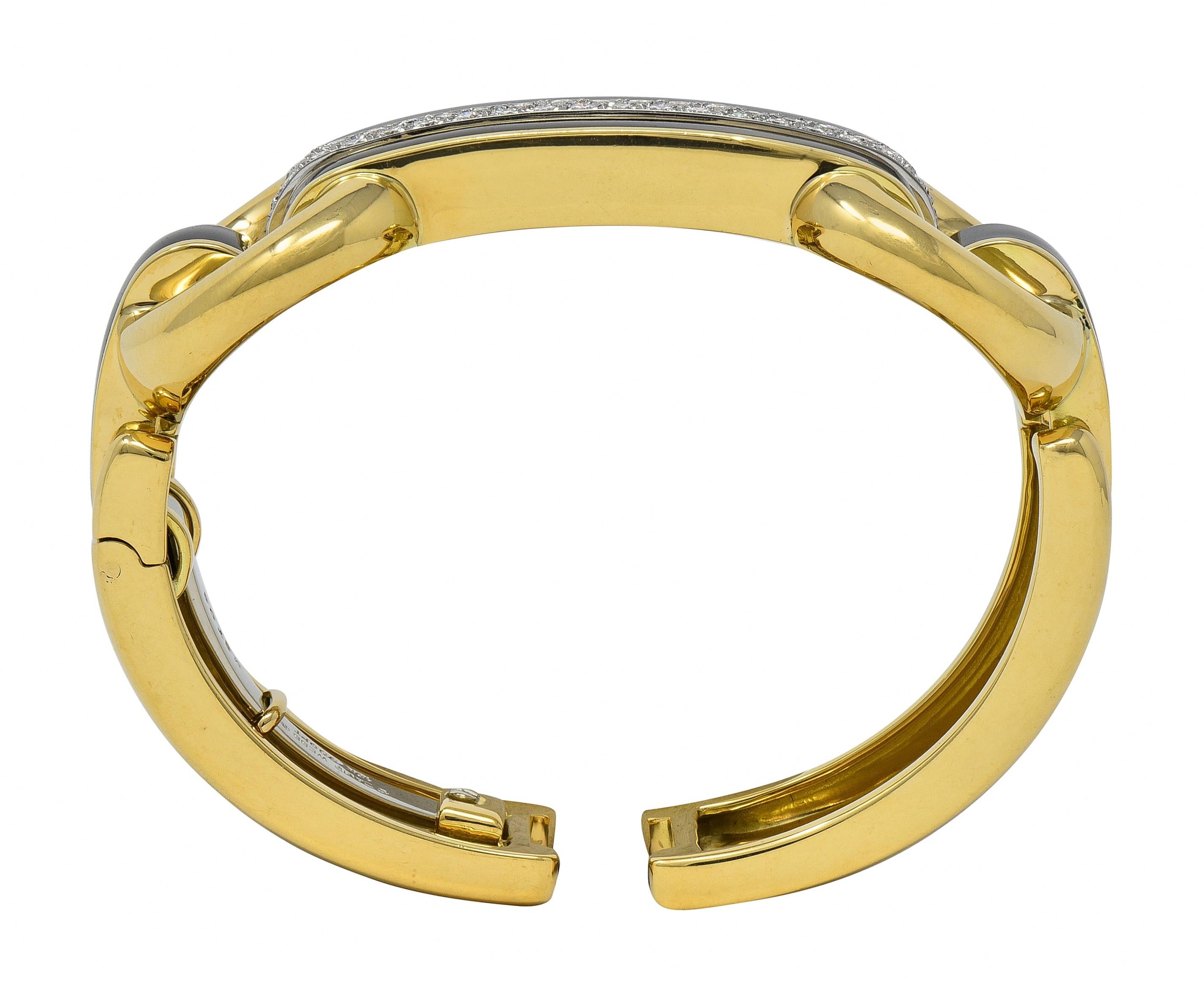 David Webb Diamond Enamel Platinum 18 Karat Yellow Gold Bridle Cuff Bracelet