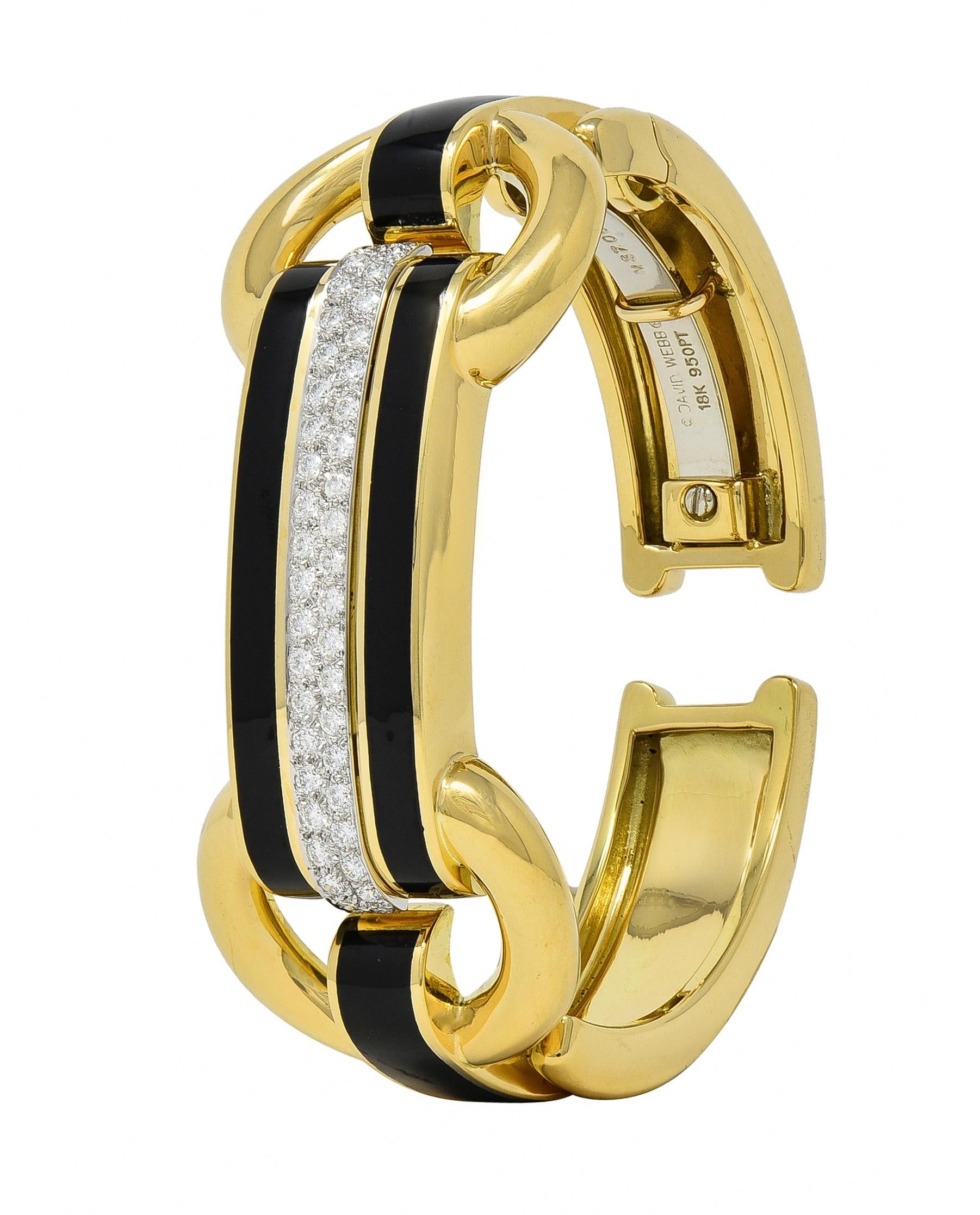 David Webb Diamond Enamel Platinum 18 Karat Yellow Gold Bridle Cuff Bracelet
