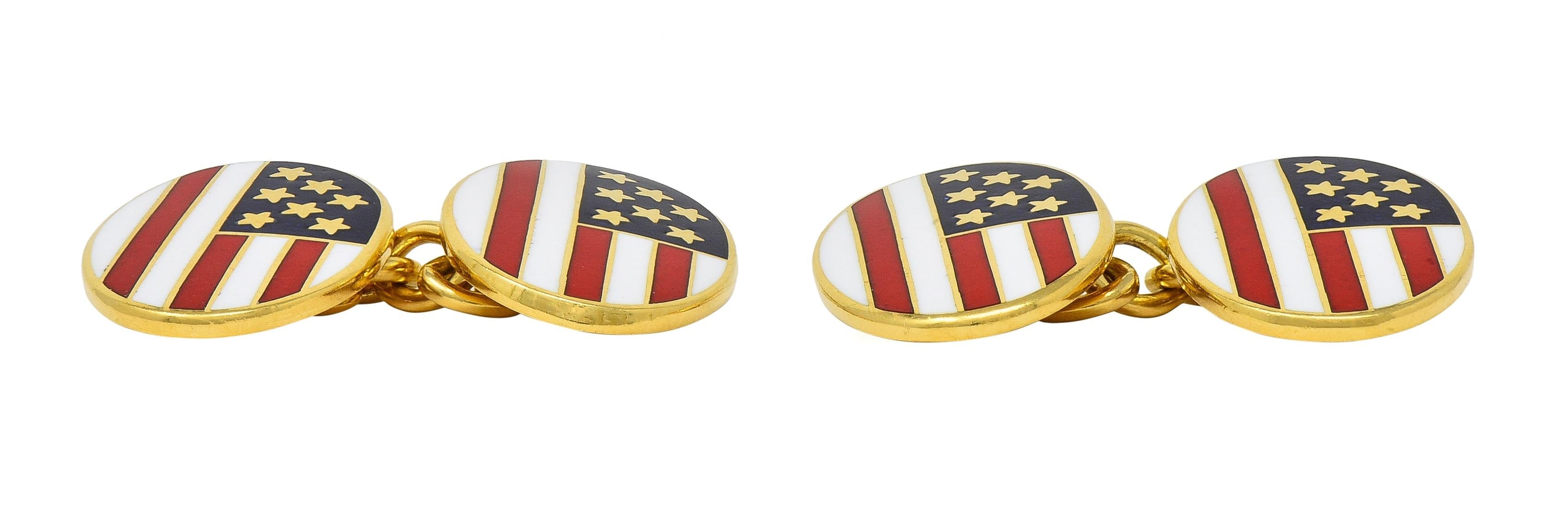 Cartier Enamel 18 Karat Yellow Gold Vintage American Flag Cufflinks