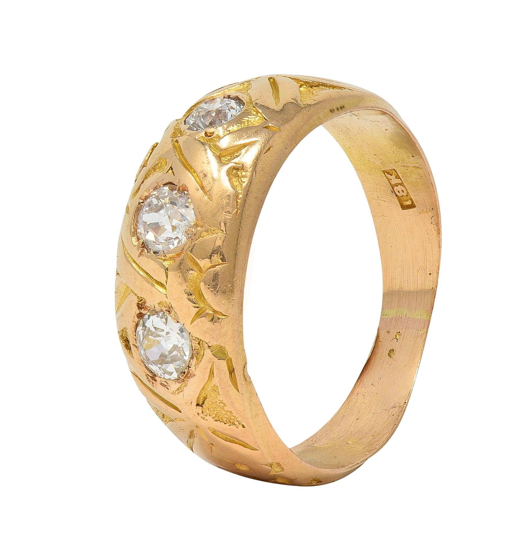 Victorian Diamond 18 Karat Yellow Gold Antique Floral Three Stone Band Ring