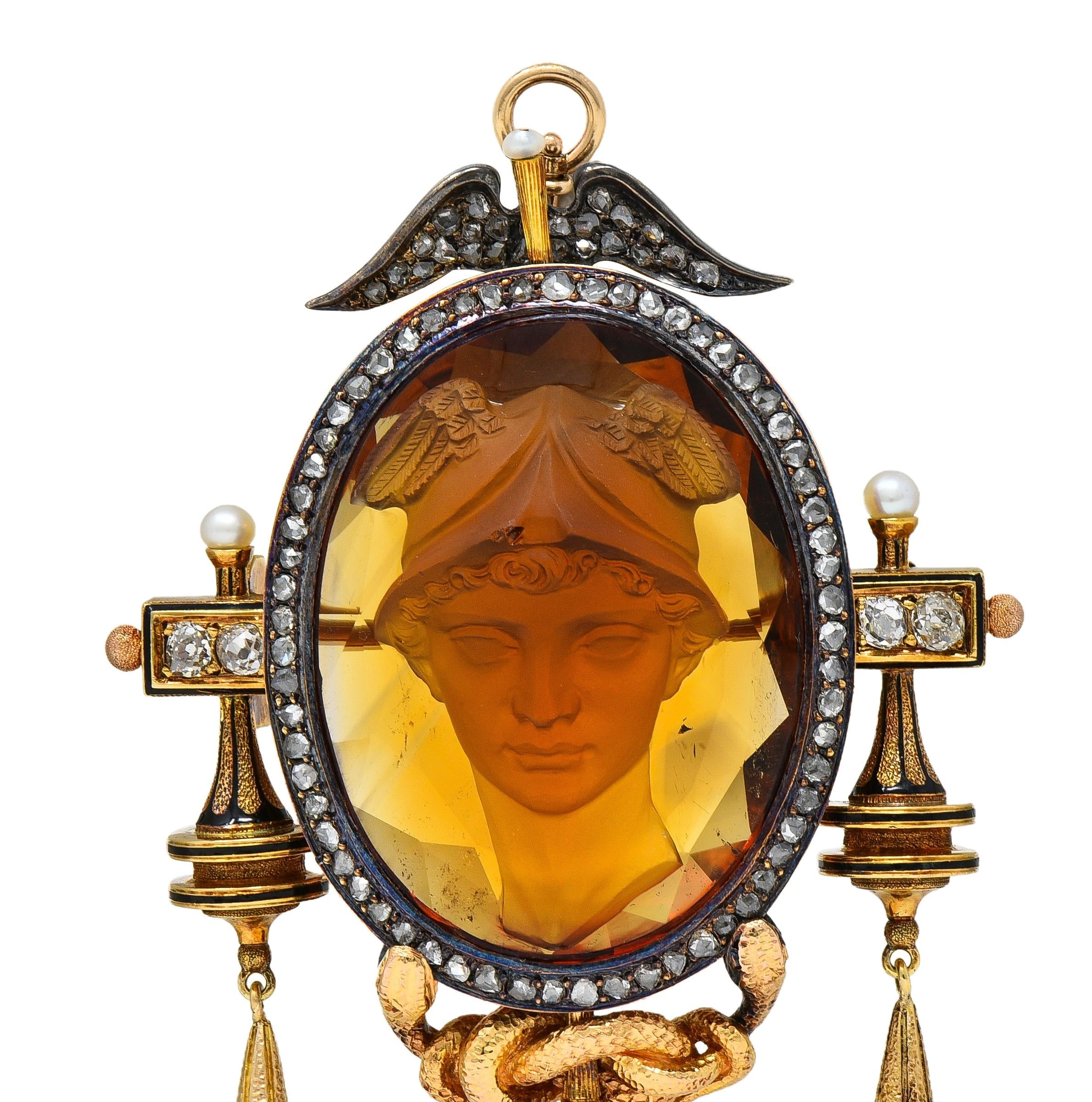 Victorian Diamond Citrine 18K Gold Antique Greek God Hermés Cameo Pendant Brooch